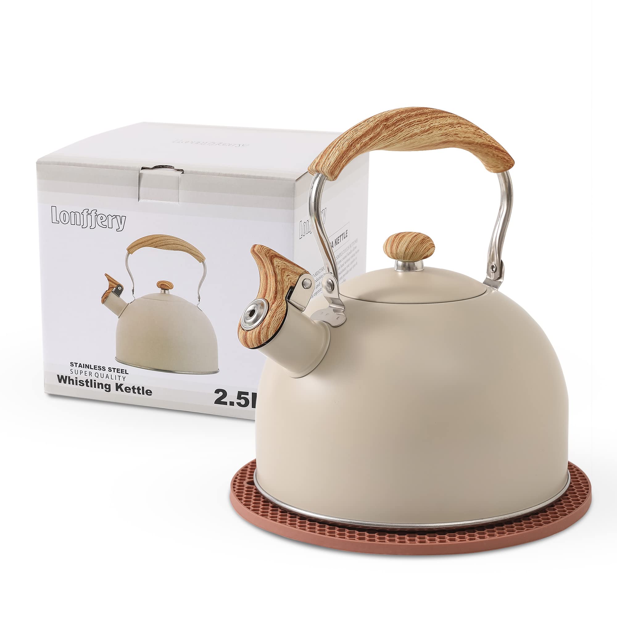 LONFFERY Tea Kettle for Stove Top, 2.5 Quart Whistling Tea Kettle, with Food Grade Stainless Steel and Wood Pattern Folding Hand
