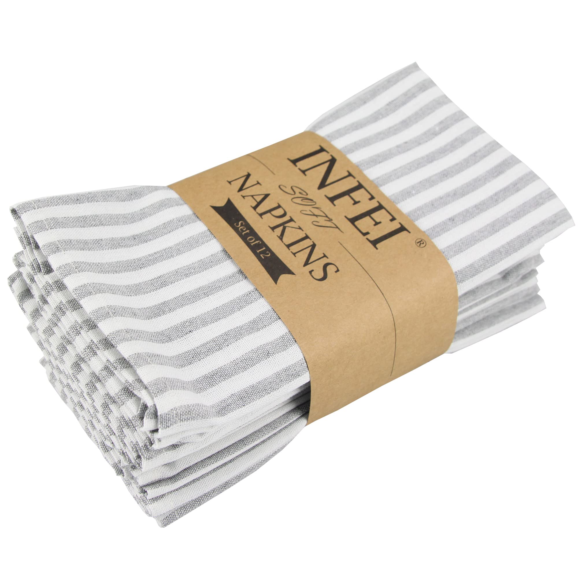 Infei Plain Striped Cotton Linen Blended Dinner Cloth Napkins - Set Of 12 (40 X 30 Cm) - For Events & Home Use (Grey)