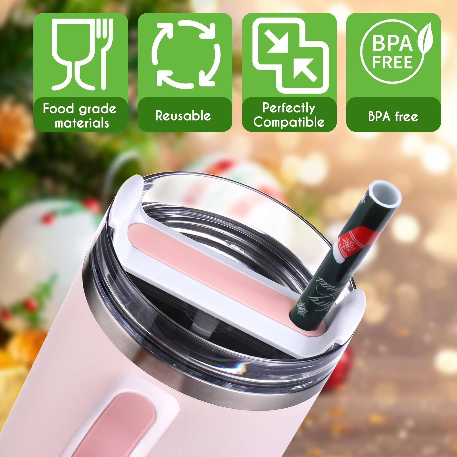 Aiersa 6 Pack Christmas Straw Replacement For Stanley 30&40Oz,Plastic Reusable Straw For Stanley Tumbler,Long Straws With Cleani