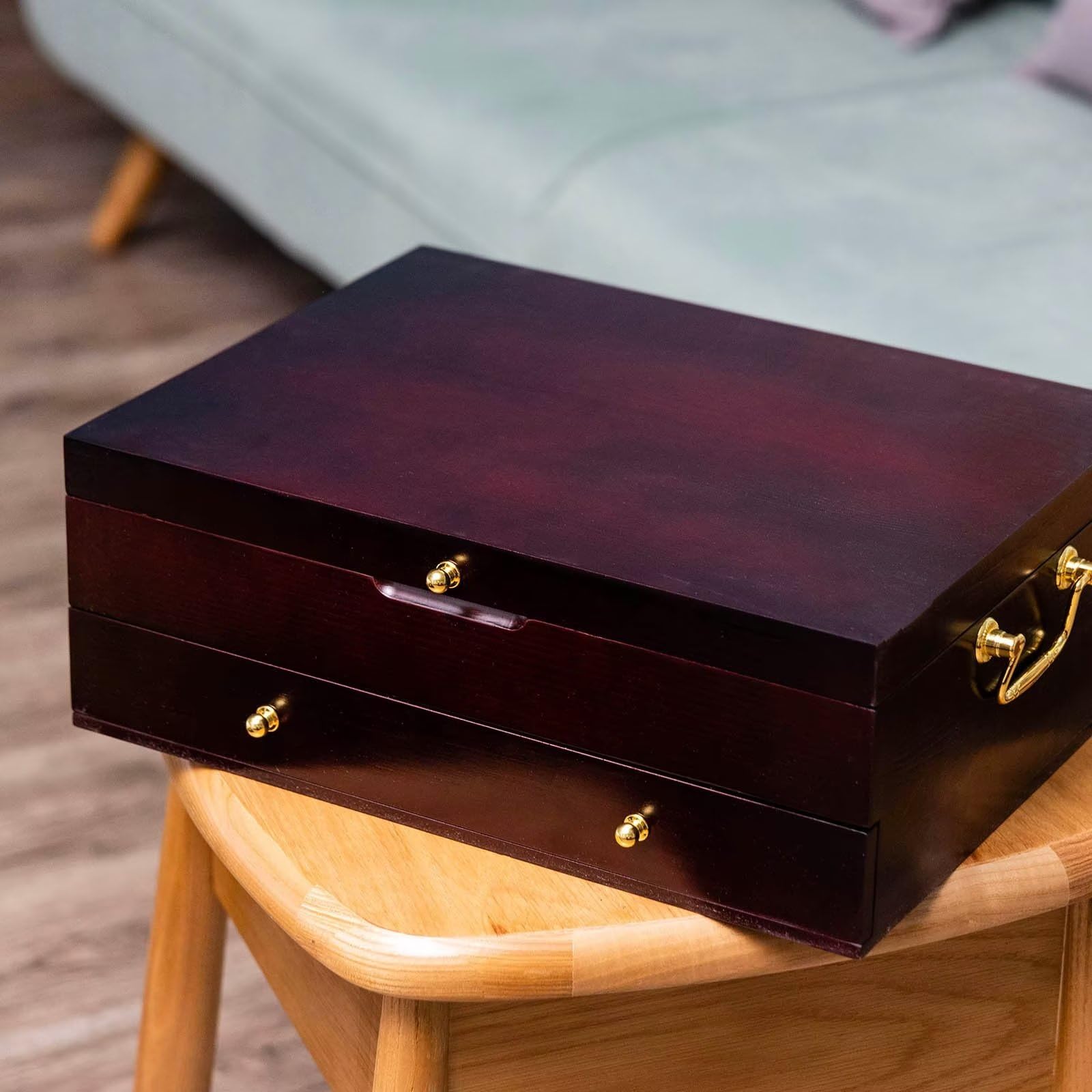 Genrice Wooden Silverware Chest Without Silverware Double-Layer, Silverware Box Storage For Silver, Silverware Case With Handle