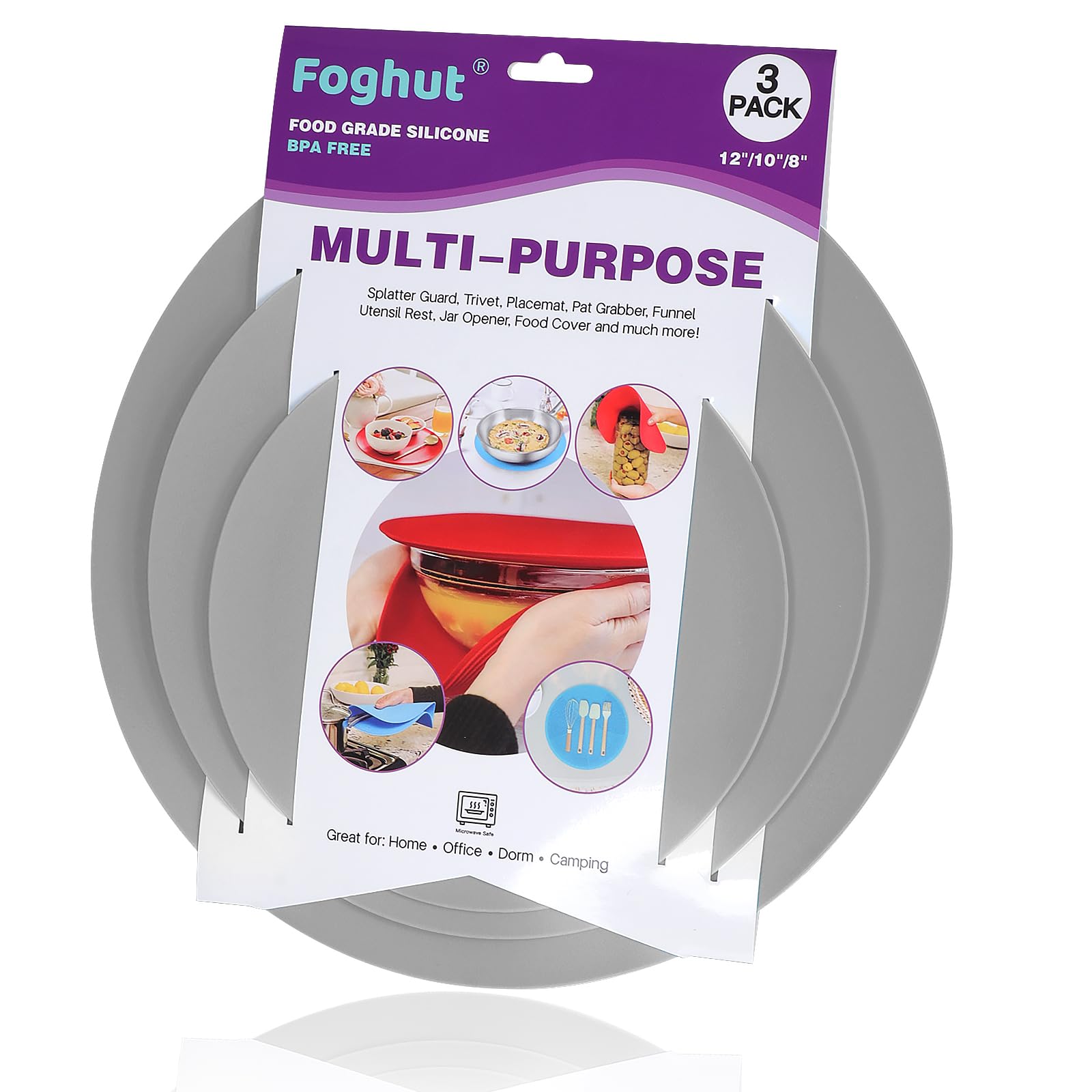 Foghut Multi-Use Microwave Mat, 3 Pack Trivets, Hot Pad, Pot Holders, Place Mat, Utensils Rest, Silicone Cover Pad For Kitchen C