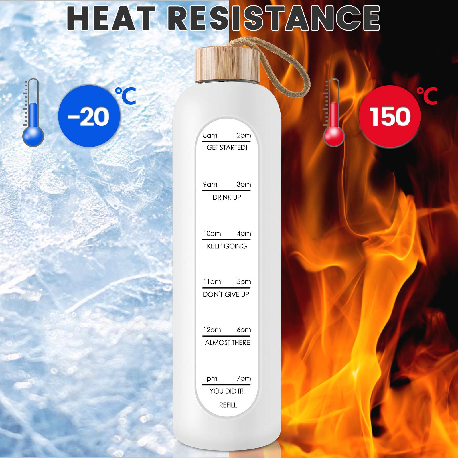 Probttl 32 Oz Borosilicate Glass Water Bottle With Time Marker Reminder Quotes, 1 Liter Leak Proof Reusable Bpa Free Motivationa