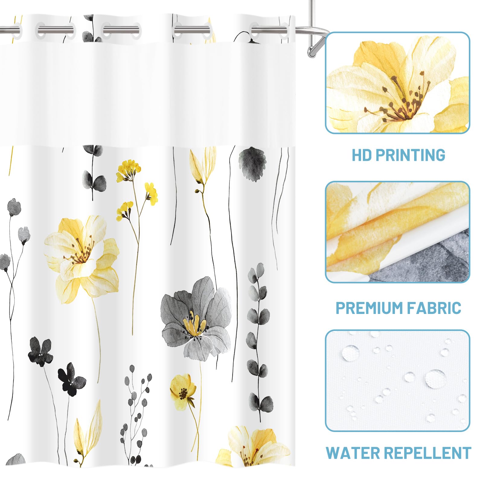 Withloc No Hook Shower Curtain With Snap In Liner - Floral Shower Curtain - Fabric Waterproof Inner Liner, Plants Watercolor Yel
