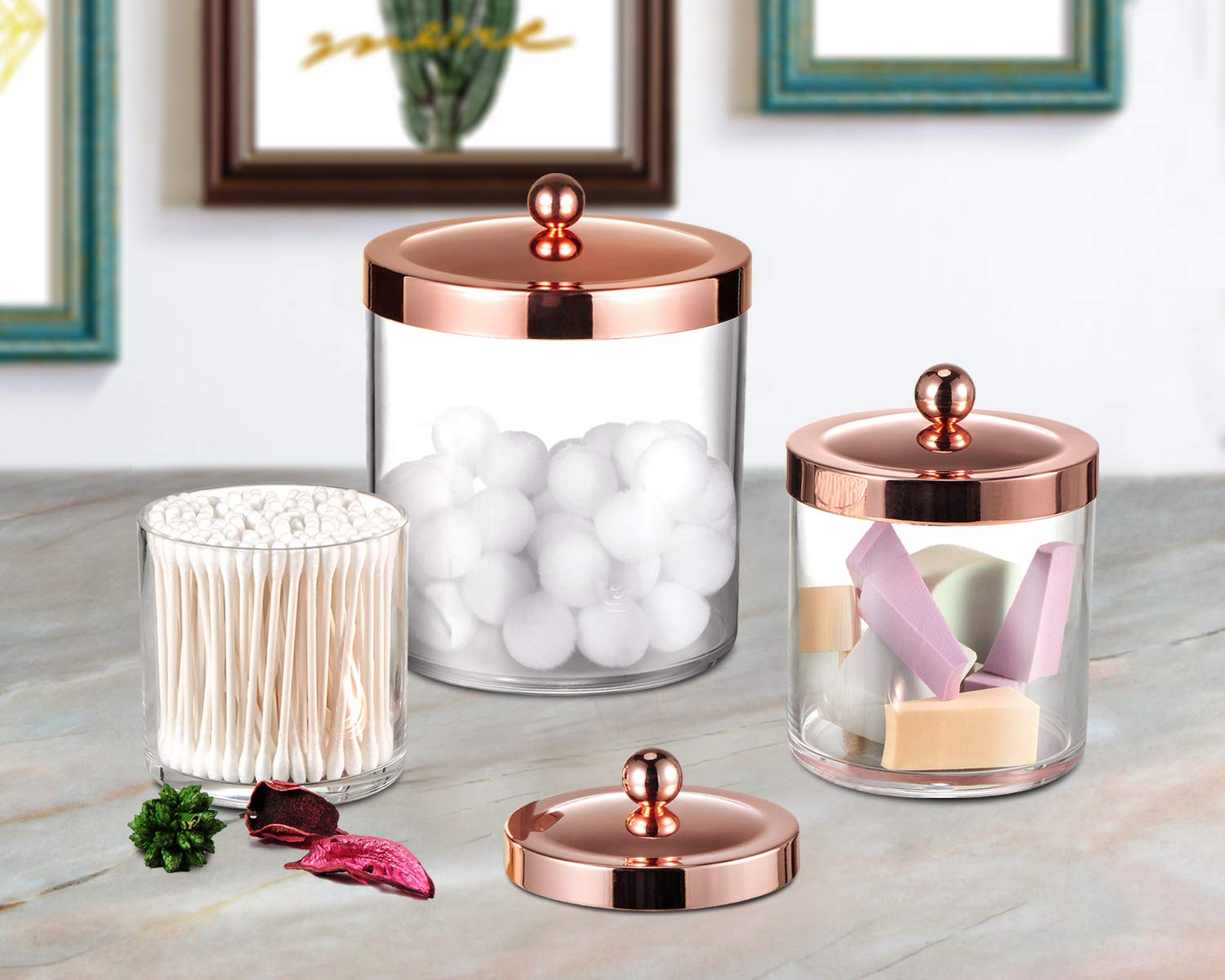 Premium Quality Apothecary Jars - Clear Plastic Storage Jars with Rust Proof Stainless Steel Lids - Bathroom Vanity Countertop Storage Organizer Canister Holder House Decor | Set of 3 (Rose gold)