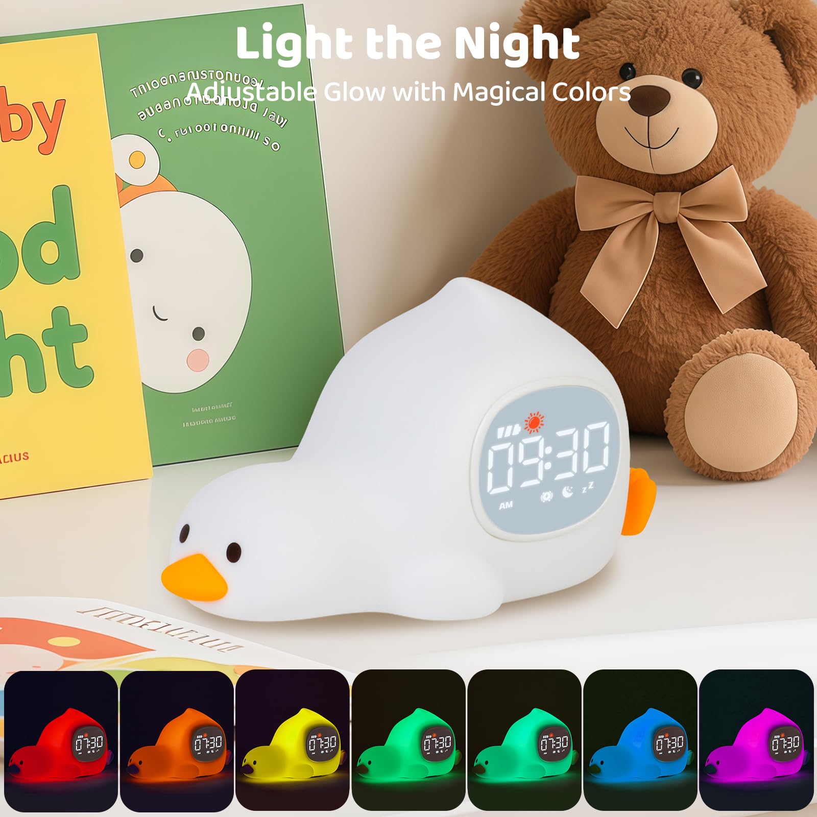 Aokpsrt Laying Duck Alarm Clock with Night Light, Sleep Training Sound Machine, Rechargeable Silicone Lamp, White