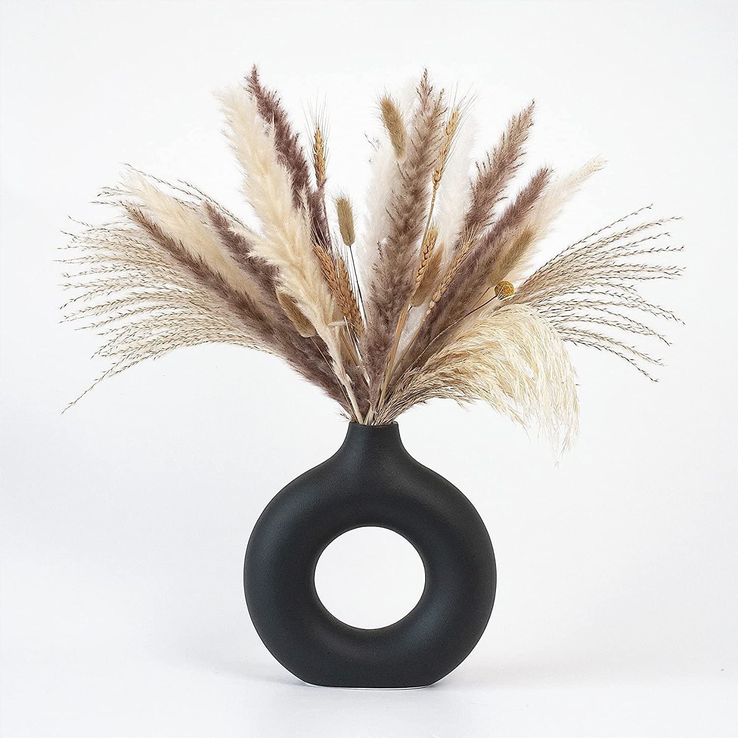 CEMABT Black Donut Vase Hollow Ceramic Vase for Flowers Handmade Minimalist Boho ins Style Modern Home Decor for Wedding Dinner 