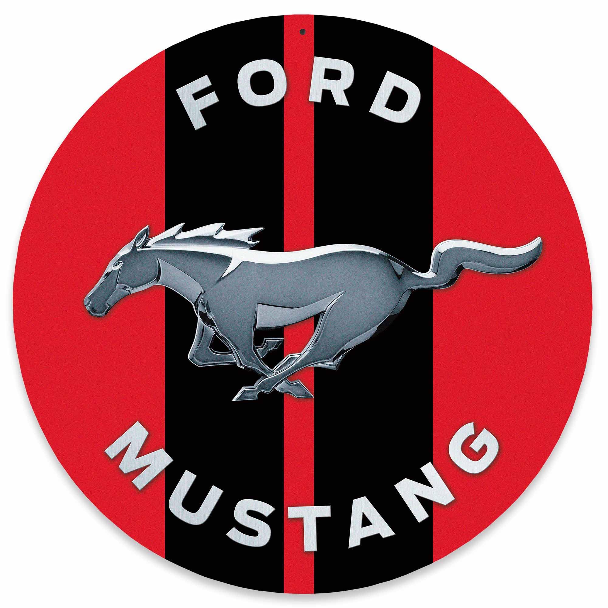 Ford Mustang Round Metal Wall Decor - Iconic Running Horse Logo with Red and Black Racing Stripes