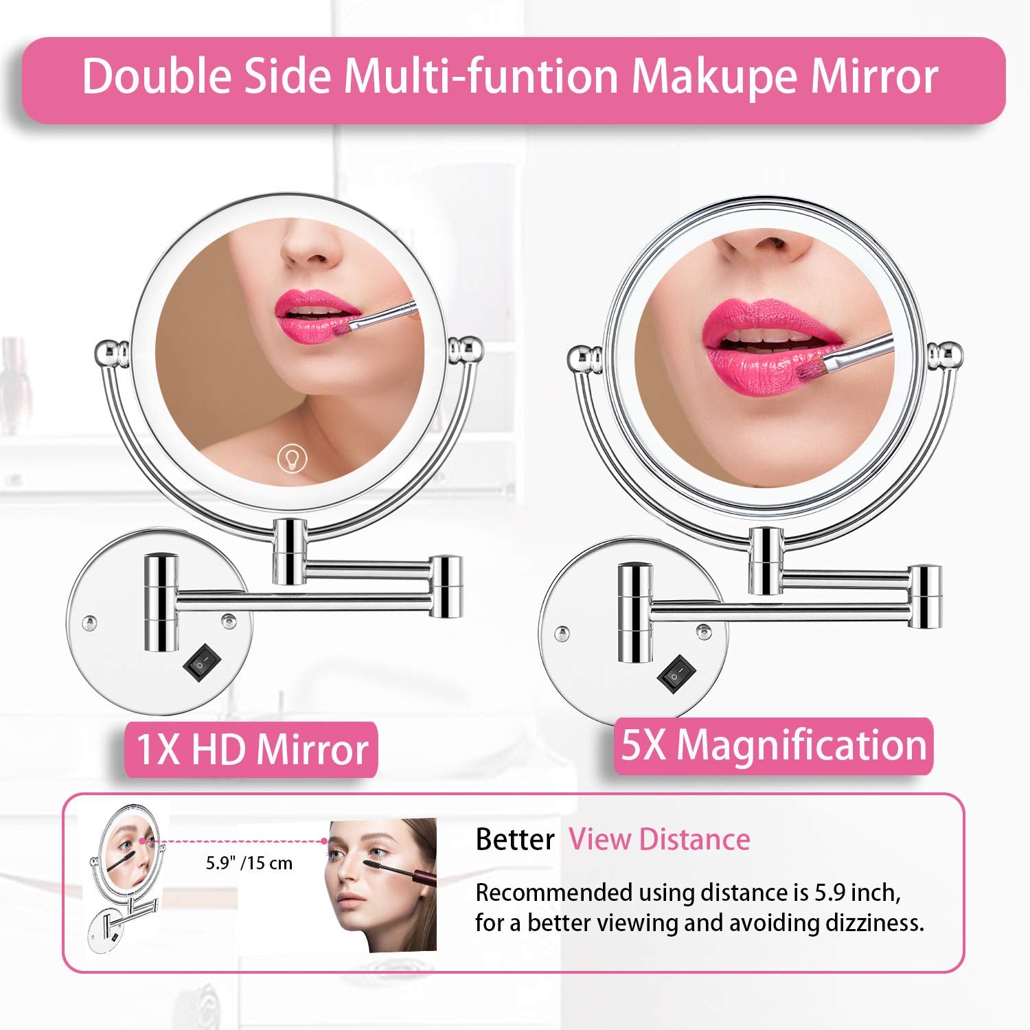 Amznevo Wall Mounted Lighted Makeup Mirror, 8 Inch Double-Sided 1X 5X Magnifying Mirror For Bathroom, 11'' Extendable Arm, 360 S