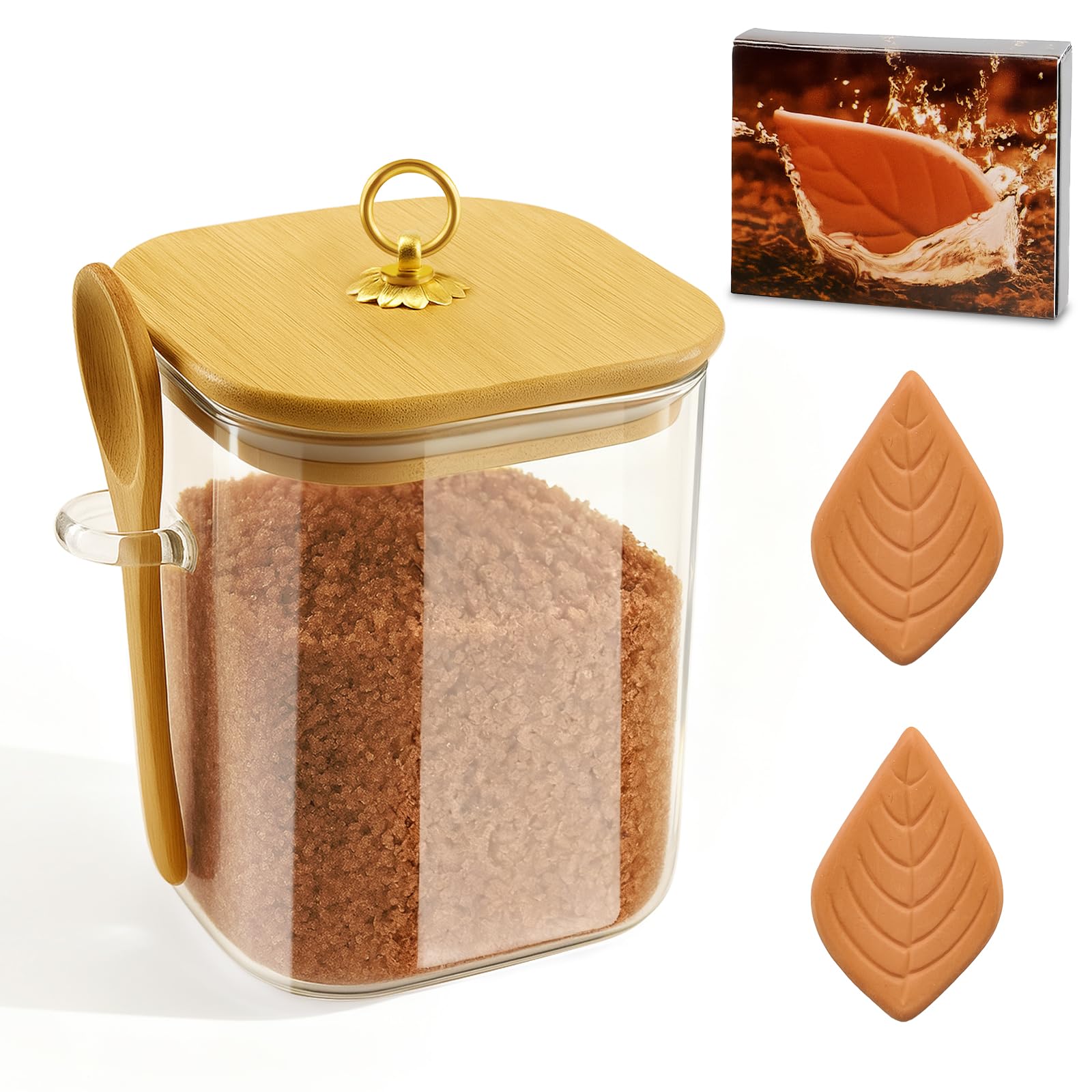 Brown Sugar Keeper Container, Includes 2 Terra Cotta Brown Savers for Softening, 850ml Glass Jar with Lid and Spoon, Airtight Mo