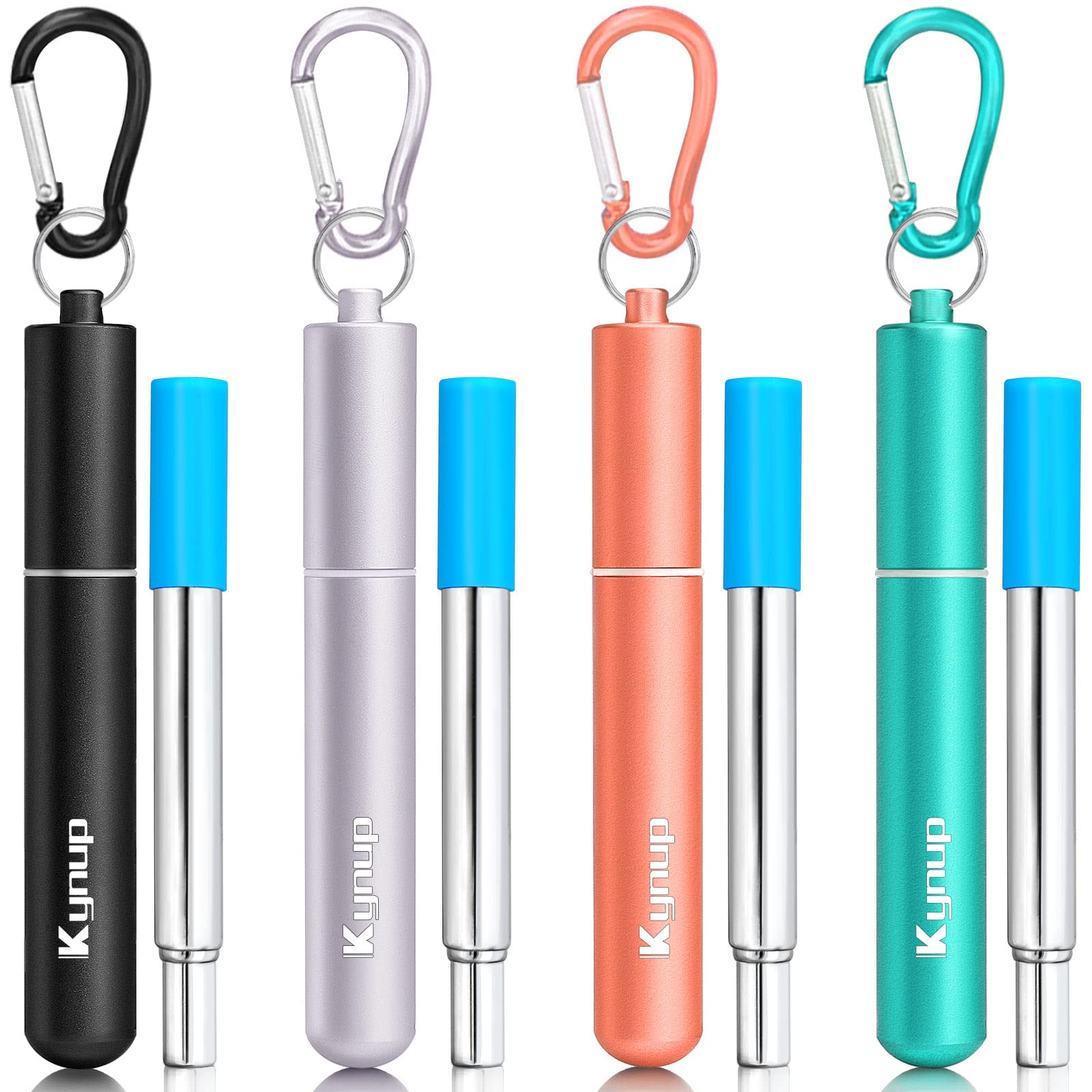 Kynup 4Packs Reusable Straws, Metal Straw With Silicon Pcs, Travel Drinking Straws With Metal Case, Keychain, Cleaning Brushes,