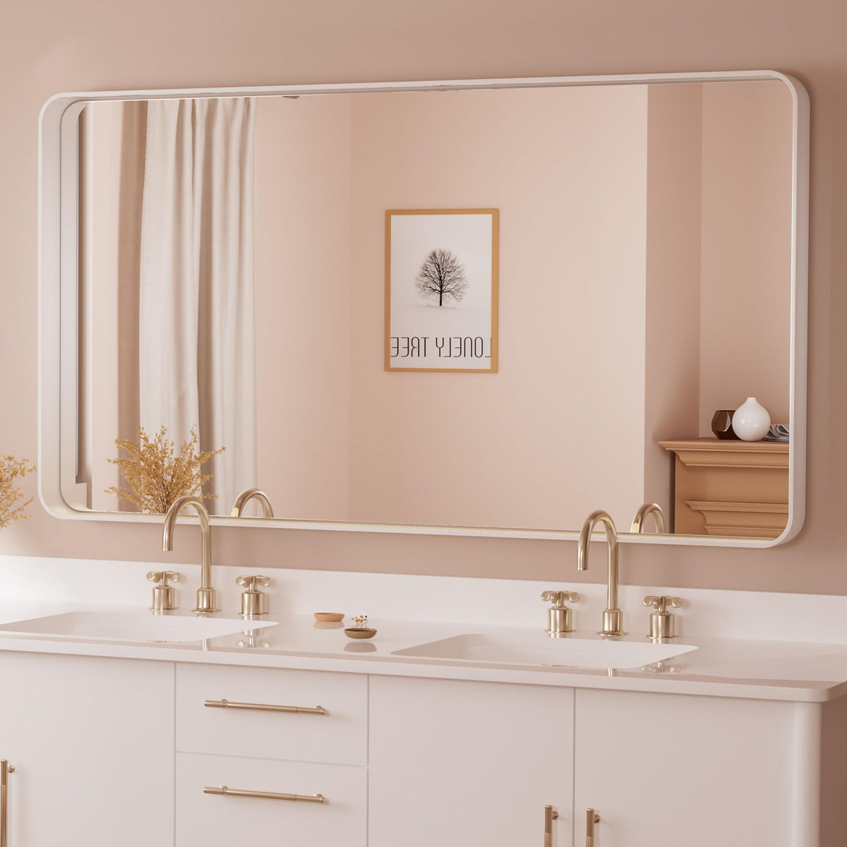Tetote 55 X 30 Inch Bathroom Mirror, White Modern Metal Frame Rectangle Modern Farmhouse Wall Mounted Vanity Mirror With Sandy T
