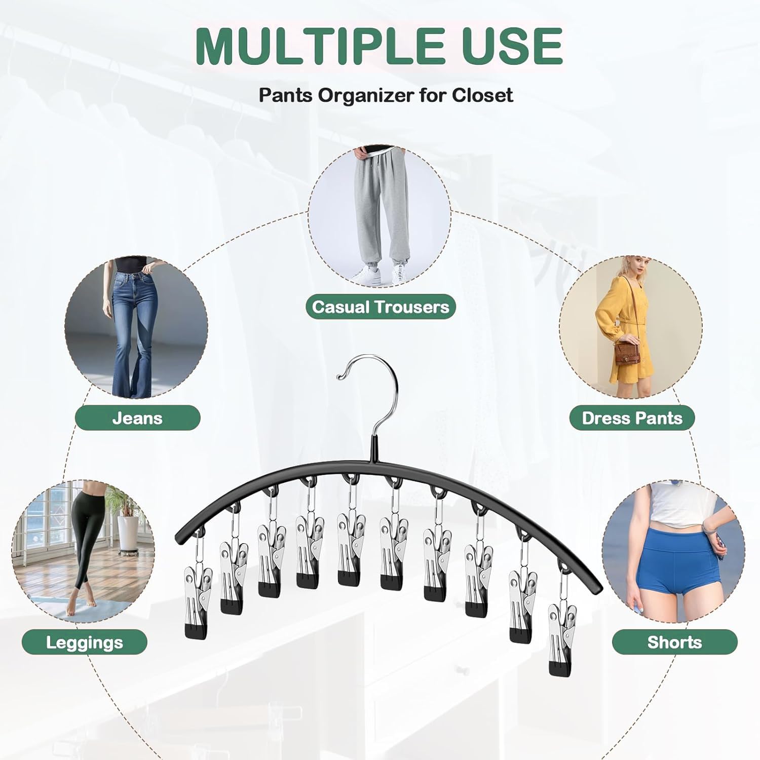 Legging Organizer For Closet,Pants Hangers, Metal Yoga Pants Hangers 2 Pack W/10 Clips, Space Saving Hanging Closet Organizer W/