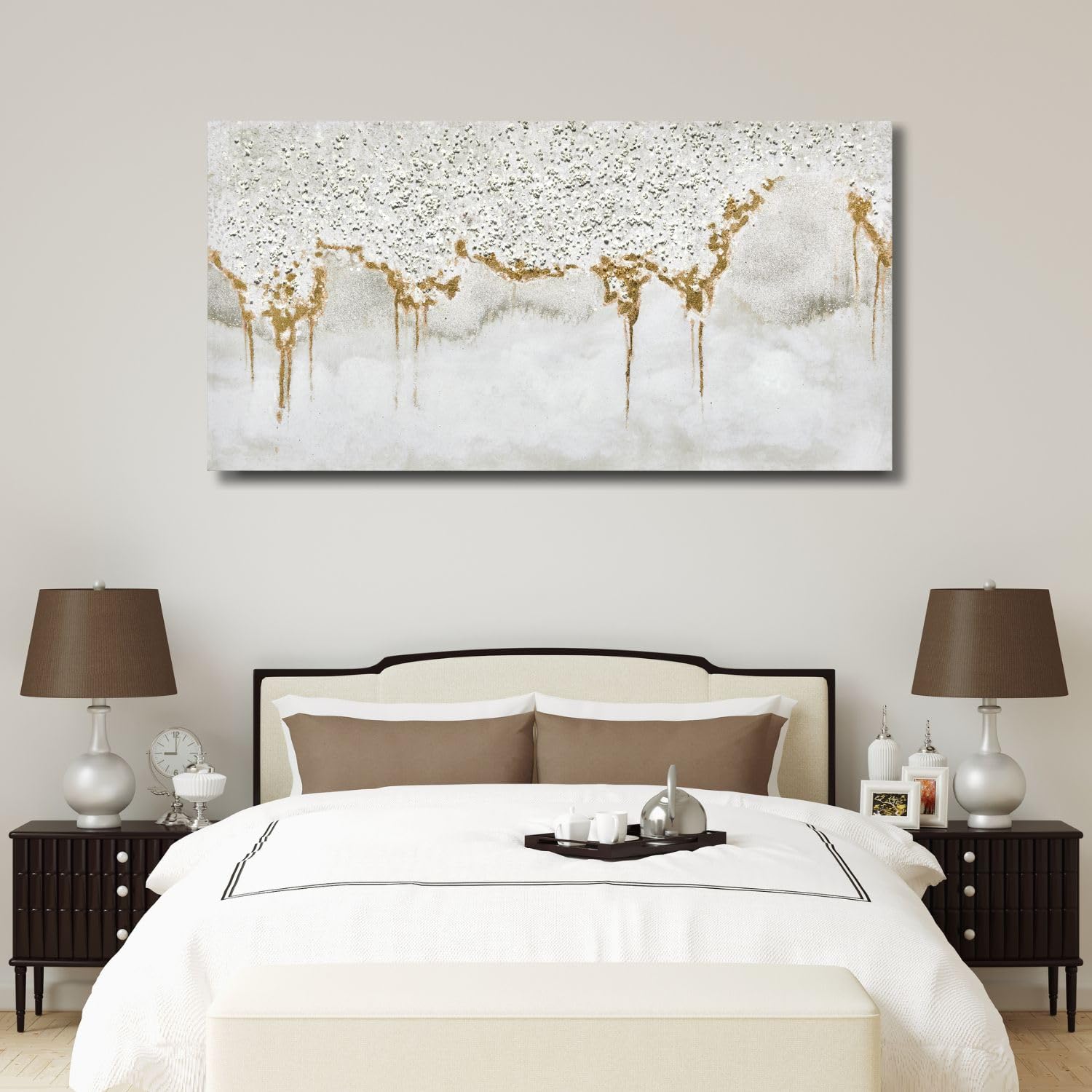 Train2 Art Textured Abstract Glitter Artwork Canvas Wall Art, White Acrylic Painting And Gold Foil Oil Painting Wall Art On Canv