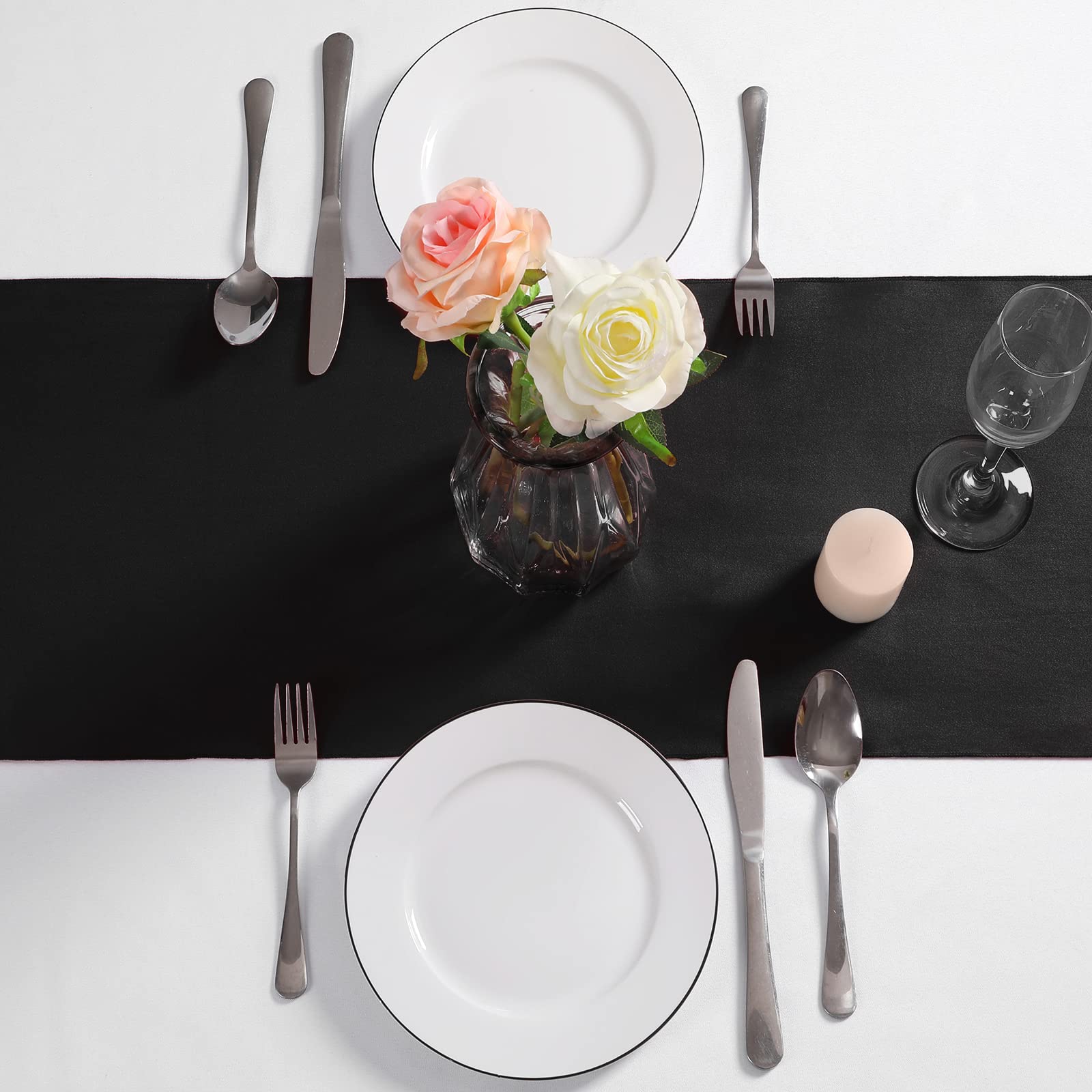 Manyshofu 4Pcs Satin Black Table Runner - 12 x 108 Inch Long Size  Party Table Runner Decor Bright & Smooth Wedding Decorations Table Runner for Banquet Chef Birthday Buffet Dinner Graduations