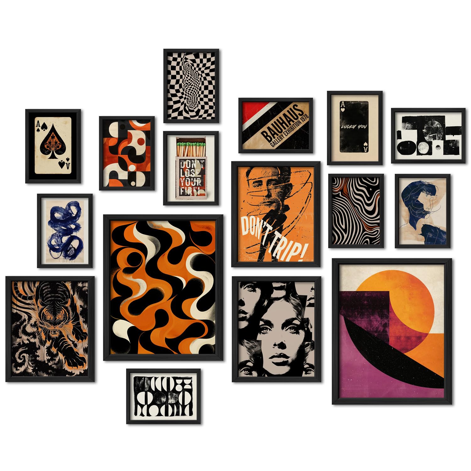 ANERZA 16 PCS Framed Retro 70s Wall Art Decor, Eclectic Vintage Wall Prints for Bedroom, Gallery Wall Frame Set, Abstract Poster