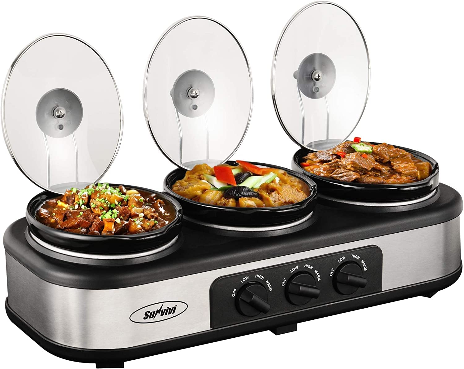 Sunvivi Slow Cooker, Triple Slow Cooker Buffet Server and Food Warmer, 3-Section 1.5-Quart Upgraded Oval Ceramic Pot with Stainl