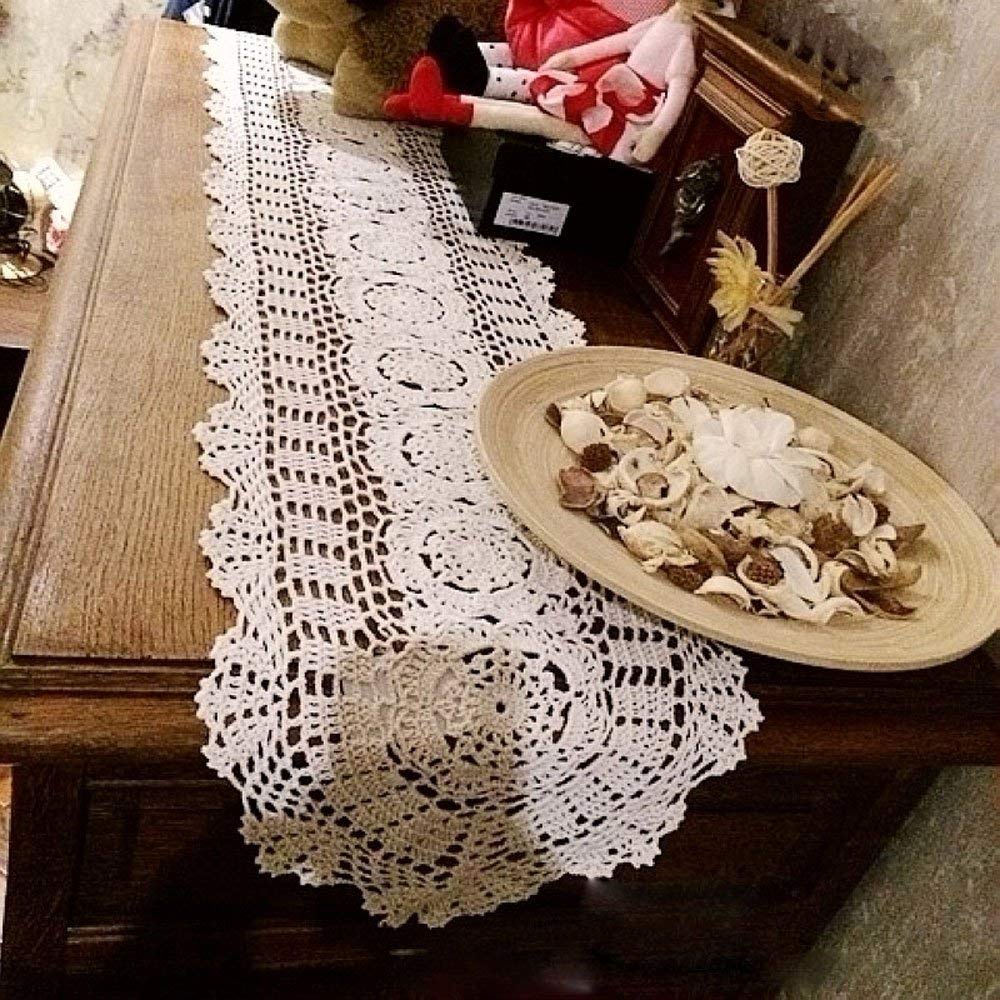 Kepswet 100% Cotton Handmade Crochet Lace Oval Table Runner White 12X72 Inch