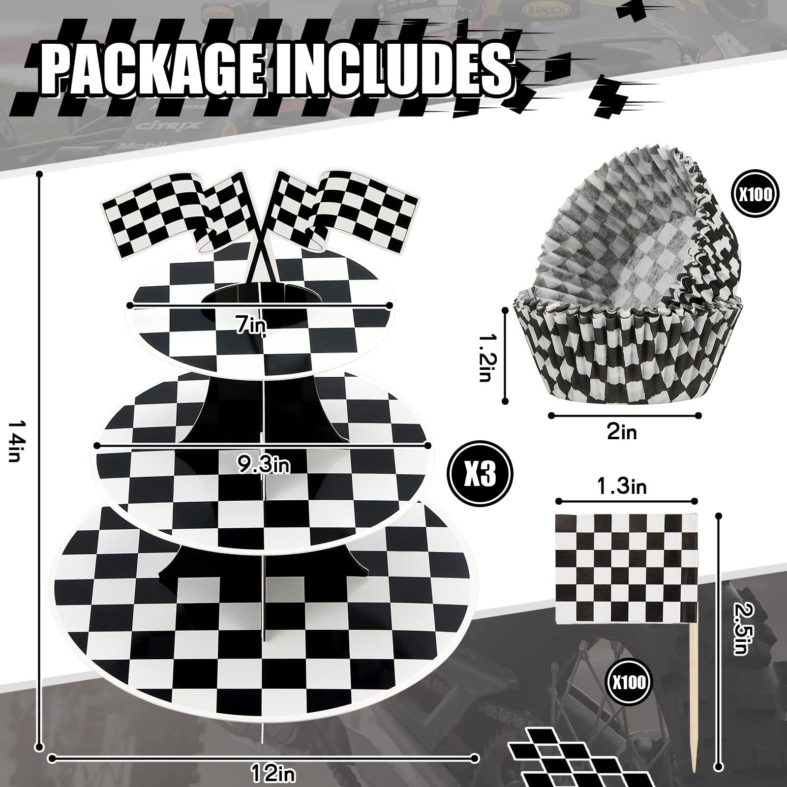 3 Sets Race Car Party Decorations 3 Tier Round Cardboard Cupcake Stand For Racing Cars Birthday Party Supplies 100 Checkered Bak