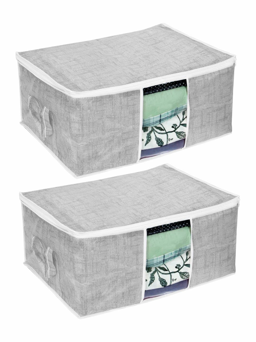 Pretty Krafts Set Of 2 Non Woven Underbed Storage Bag With Handles, Clear Window & Zipper Lock | Quilt, Comforter & Blanket Cove