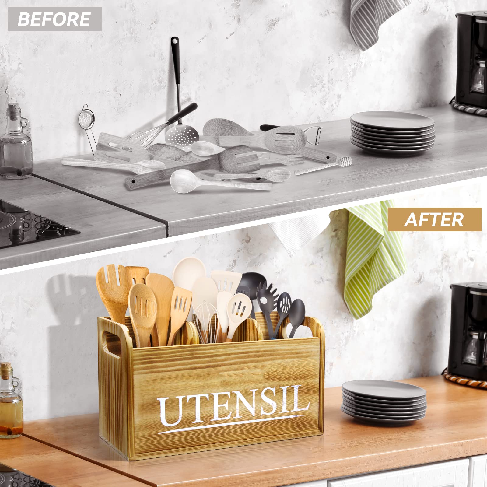 Brekle Kitchen Utensil Holder Rustic Large Wooden Utensil Organizer Cooking Tools Storage (Farmhouse Wooden)