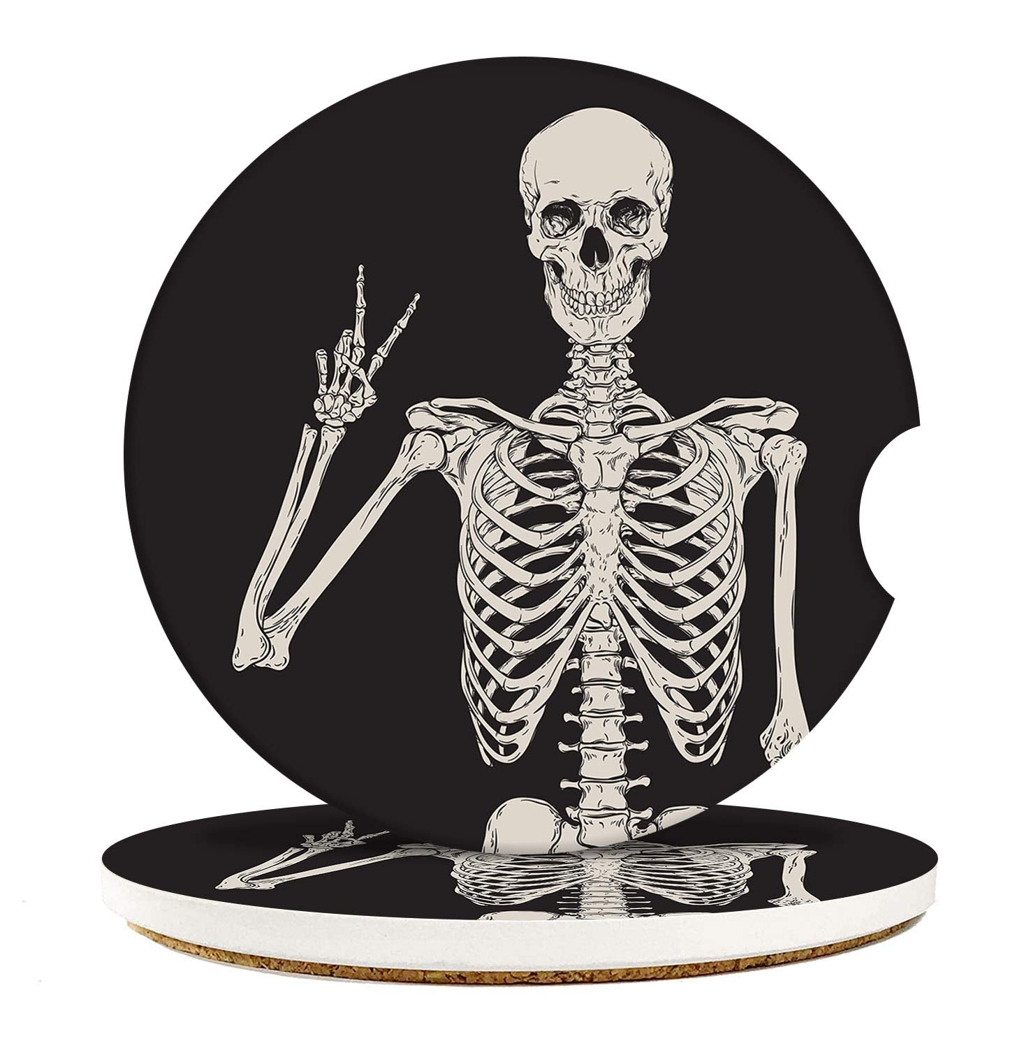 Britimes Absorbent Car Coasters 2 Pack For Cup Holders, 2.56'' Ceramic Stone & Non-Scratch Cork Base Drink Coasters Human Skelet