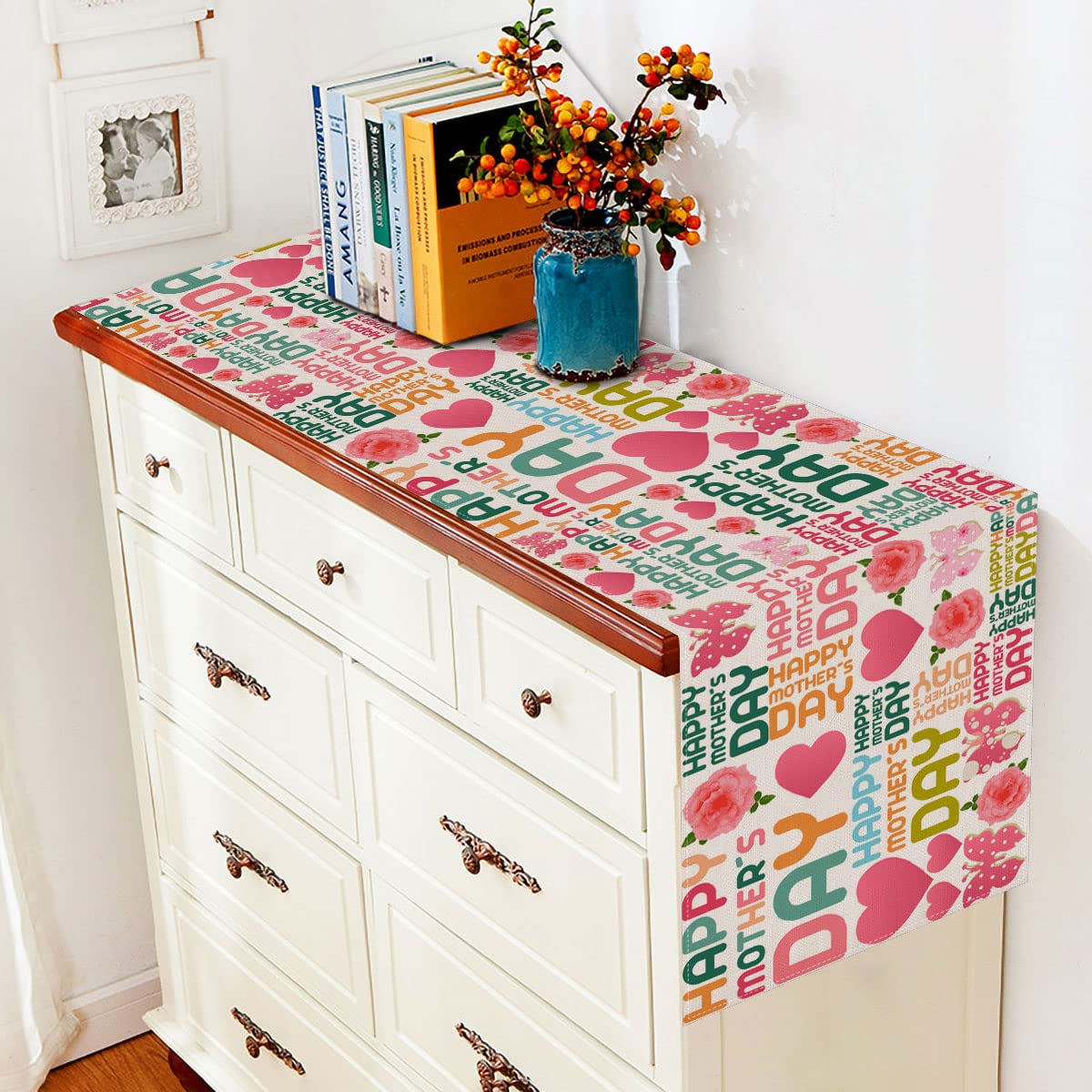 Vohado Happy Mother'S Day Table Runner Pink Rose Butterfly Love Kitchen Dining Table Decoration Buffalo Plaid Table Cover Linen