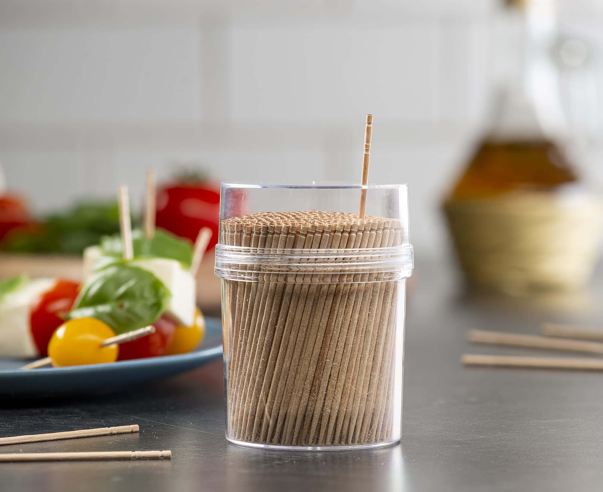Prestee 2000Ct Wooden Toothpicks + Reusable Toothpick Holder Container, Light Wood Toothpicks - Sturdy Smooth Finish Bamboo Toot