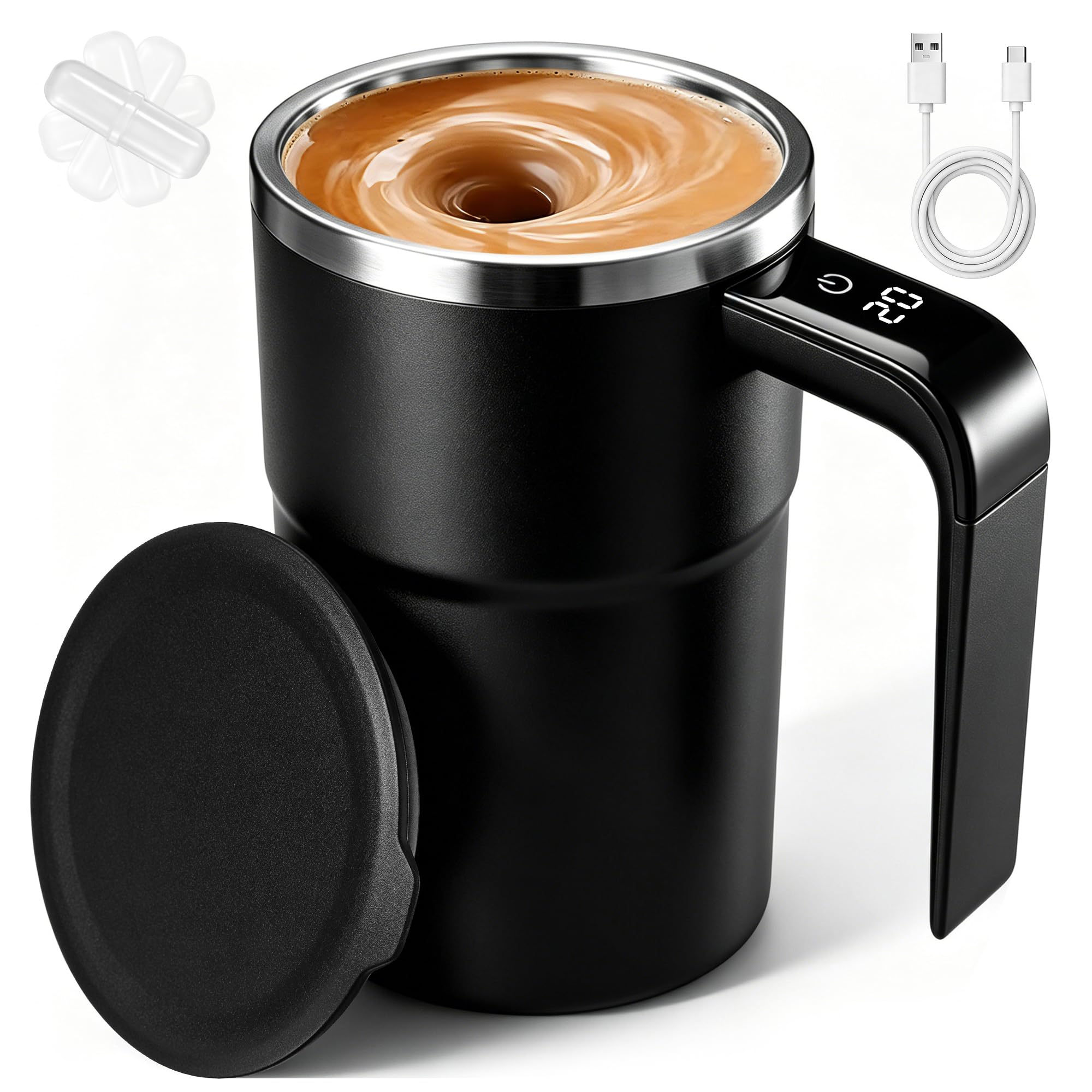 CapyBud 380 ml Self Stirring Coffee Mug, Rechargeable Self Stirring Mug with 7000 RPM Temperature Display 316 Stainless Steel, W