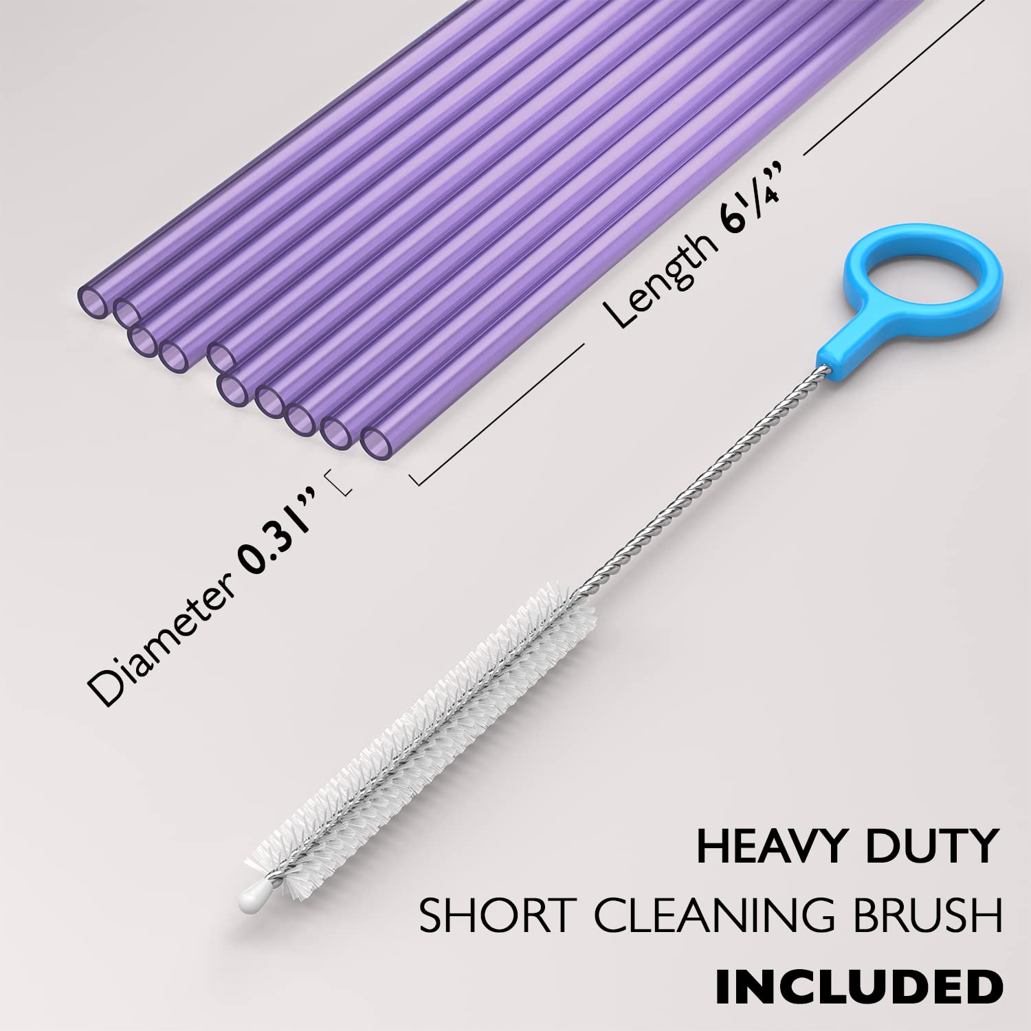 Fiesta First 10 Short Reusable Hard Purple Plastic Drinking Straws, Medium Width + Sturdy Cleaning Brush - For Cocktails, Small