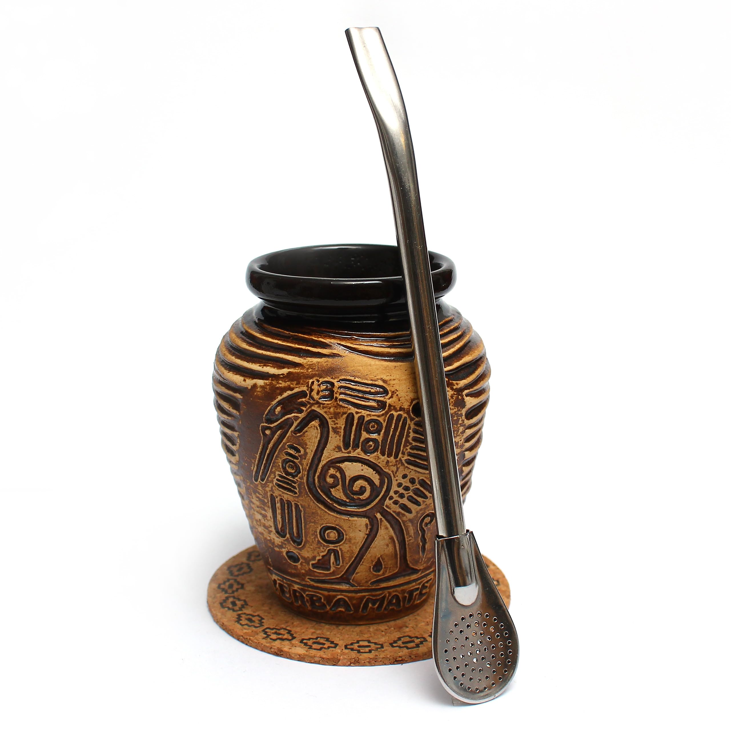 Mate Green Mate Tea Calabash Set ? Ceramic Mate Mug Aztek 300 ml ? Ceramic Mate Tea Cup ? Stainless Steel Drinking Straw Bombill