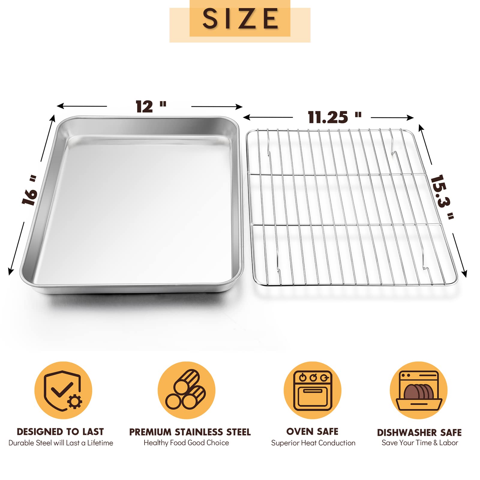 Baking Sheet With Rack Set, E-Far 16   X12    Stainless Steel Cookie Sheet Pan For Oven, Rimmed Metal Tray With Wire Cooling Rac