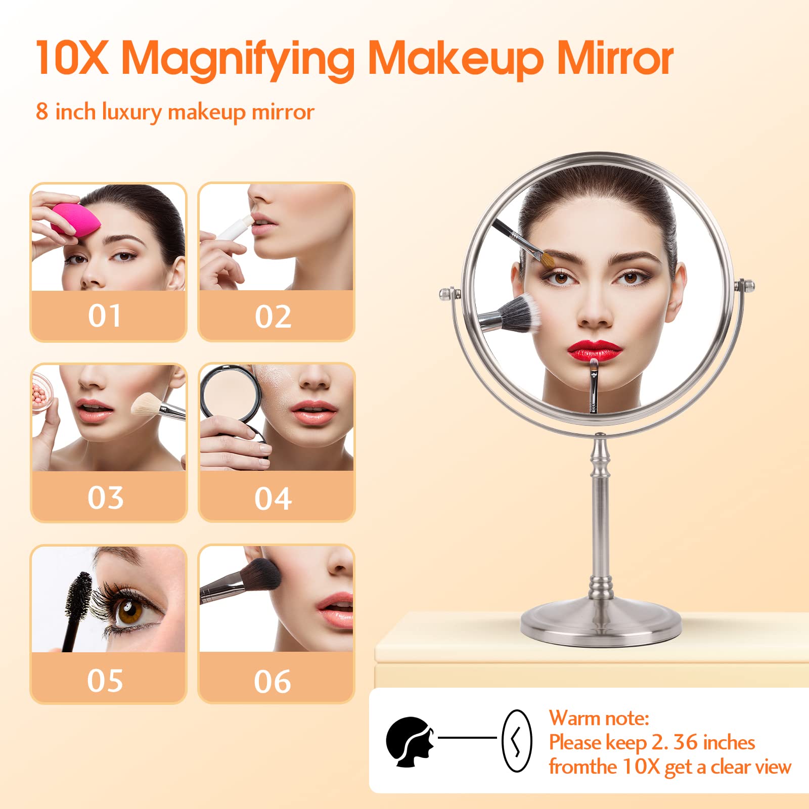 Ohotecy Makeup Mirror 8'' Magnifying Mirror 1/10X Magnification, Large Table Top Double-Sided Swivel Vanity Mirror Chrome Finish