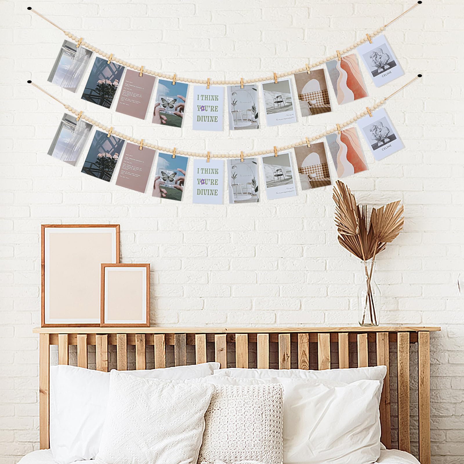 2Pcs Hanging Photo Display with Clips, Boho Wooden Bead Garland Collage Picture Frame Wall Decor, Photo String with 10 Clips for