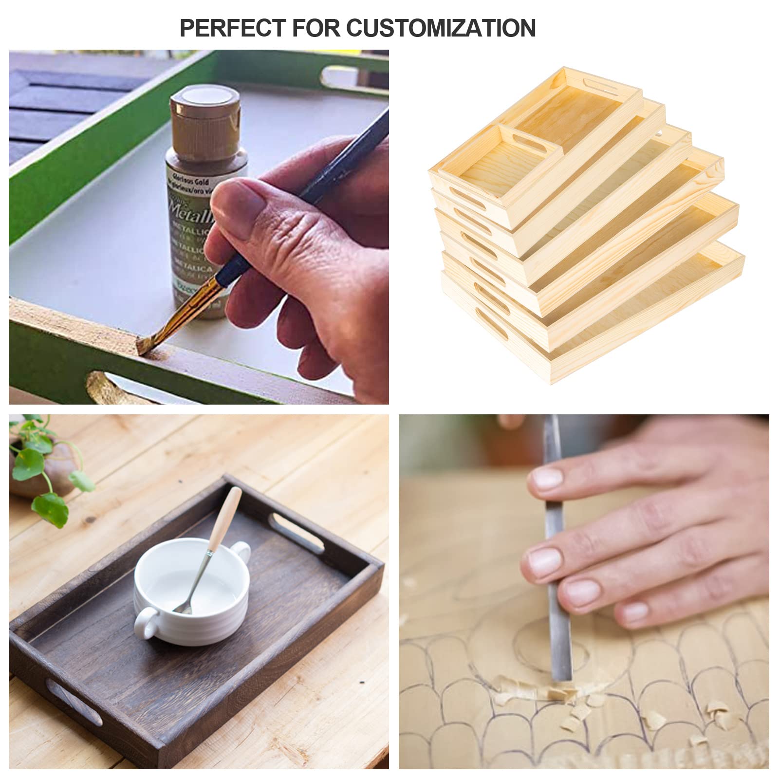 7Pcs Wooden Nested Serving Trays Set - Rectangular Shape Unfinished Wood Kitchen Nesting Food Trays With Handle For Coffee, Serv