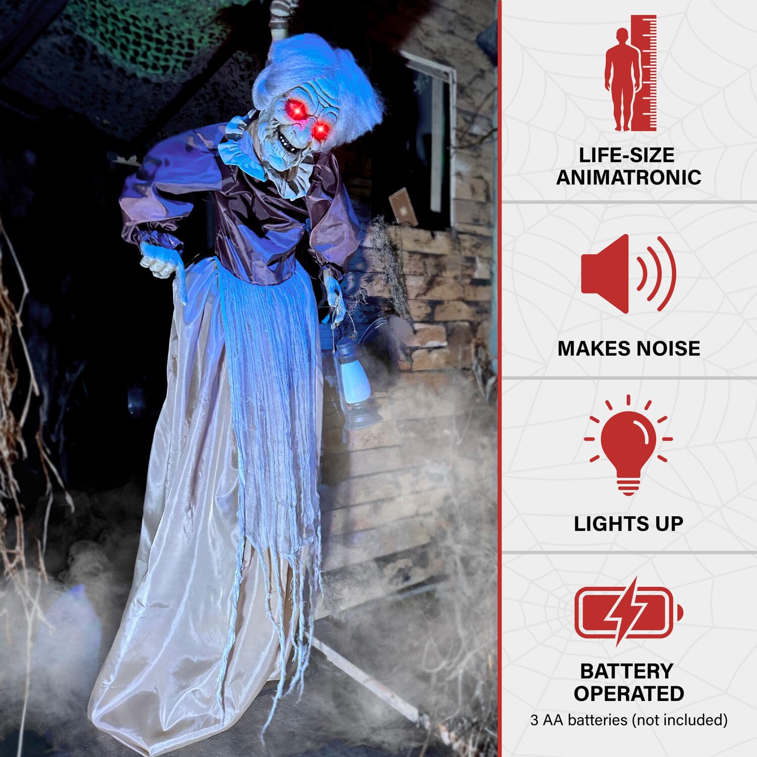 Haunted Hill Farm Lifesize Animatronic Scary Old Lady Zombie with Motion Activated Lights and Sound, Battery-Operated Indoor or