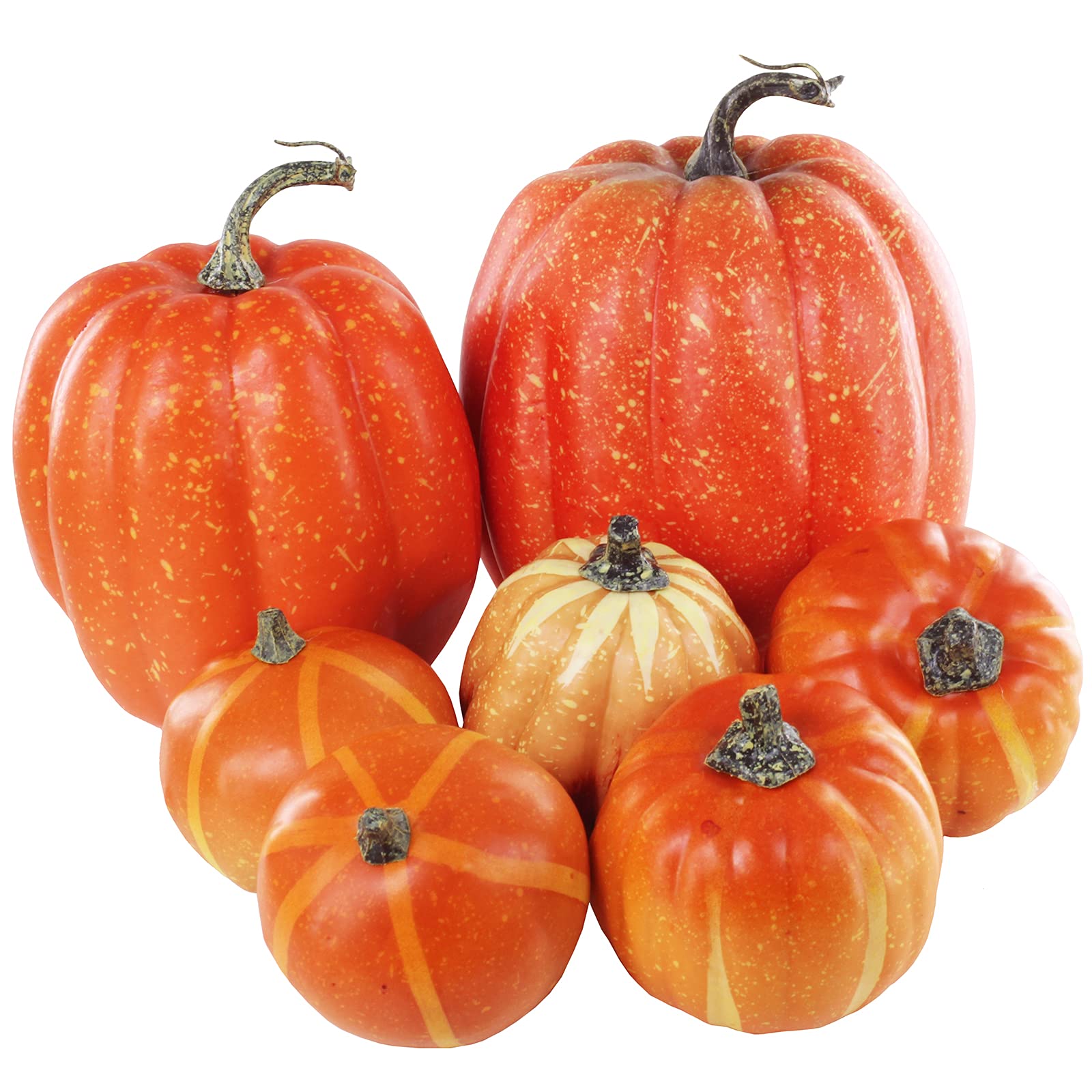 Winlyn 7 Pcs Assorted Artificial Orange Pumpkins Harvest Decorative Pumpkins Foam Pumpkins for Farmhouse Rustic Fall Thanksgivin