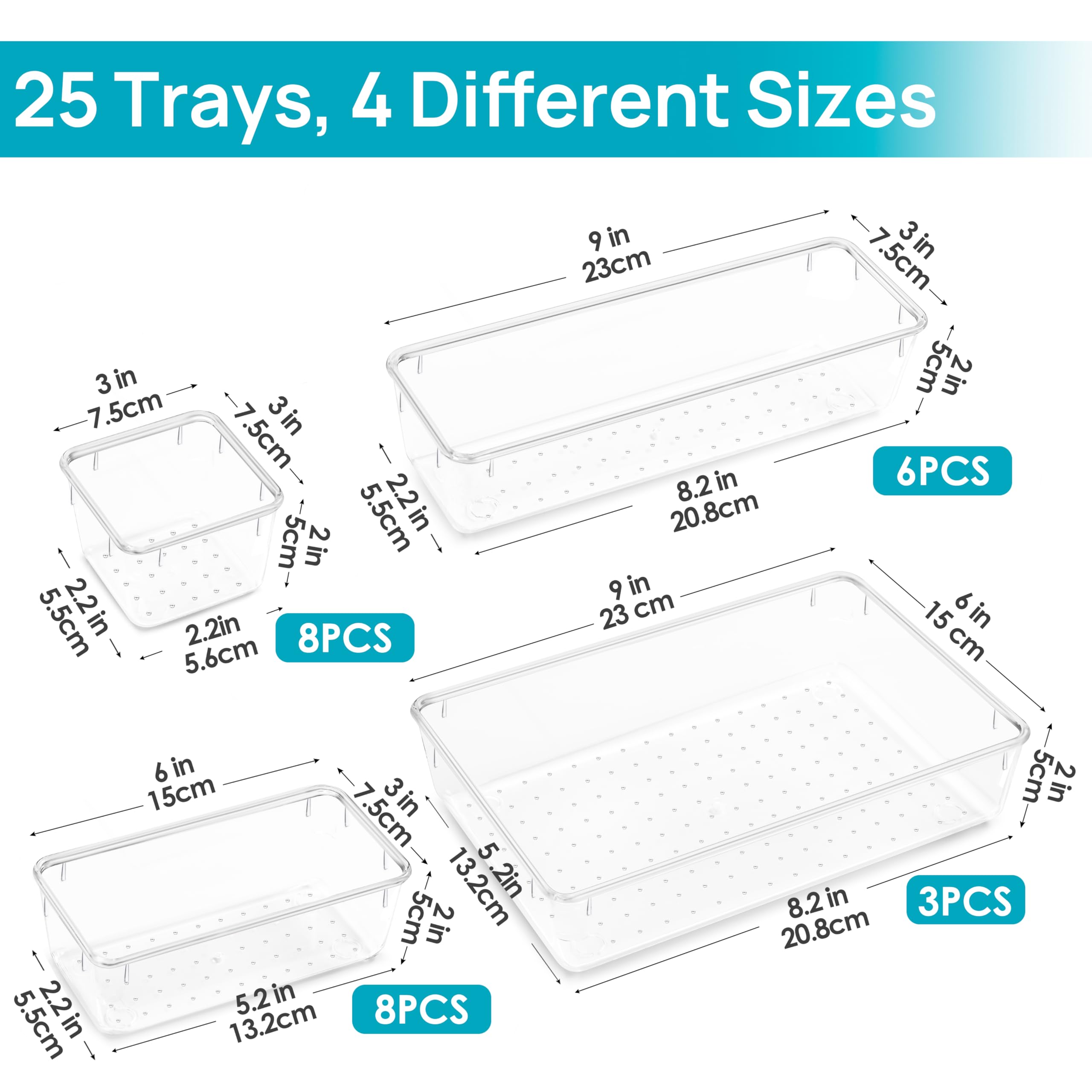 Vtopmart 25 PCS Office Desk Drawer Organizers Set, 4-Size Versatile Plastic Drawer Organizer Trays, Storage Bins for Desk Access