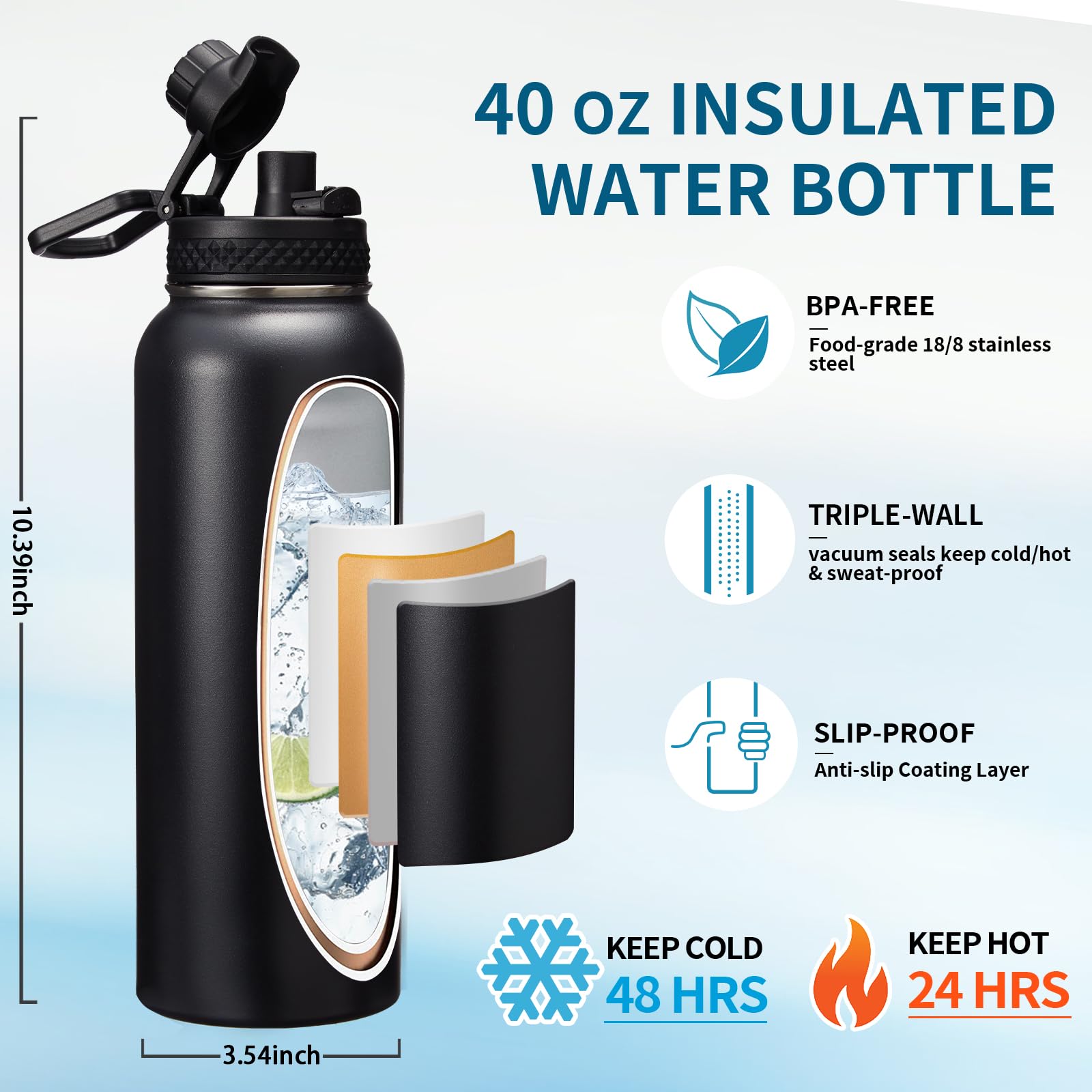 Water Bottle With Straw - 40 Oz Stainless Steel Water Bottles, Big Water Jug Vacuum Insulated Waterbottle With Paracord Handle,