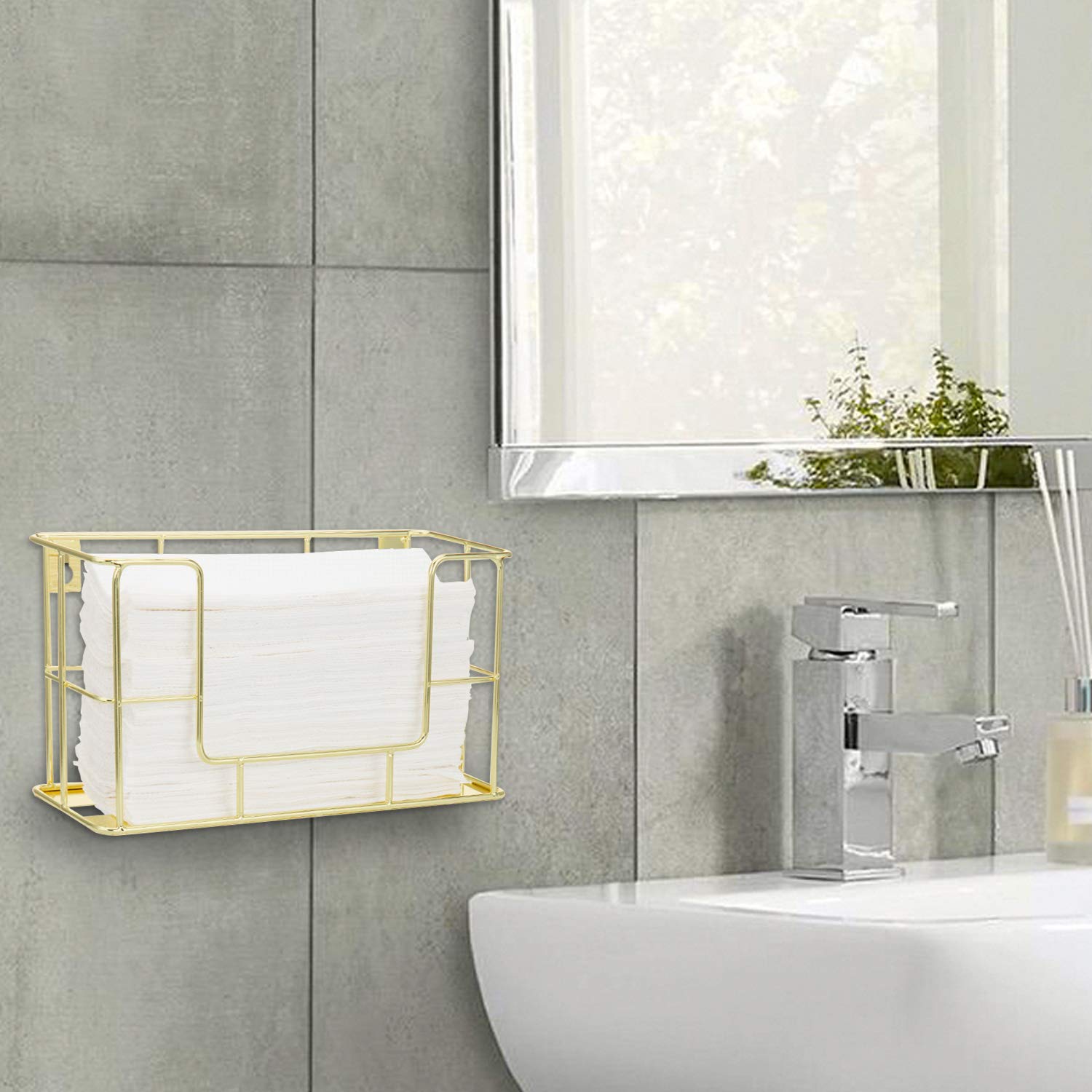Mygift Modern Brass Tone Metal Wire Commercial Wall Mounted Or Tabletop Paper Folded Towel Holder Dispenser Rack