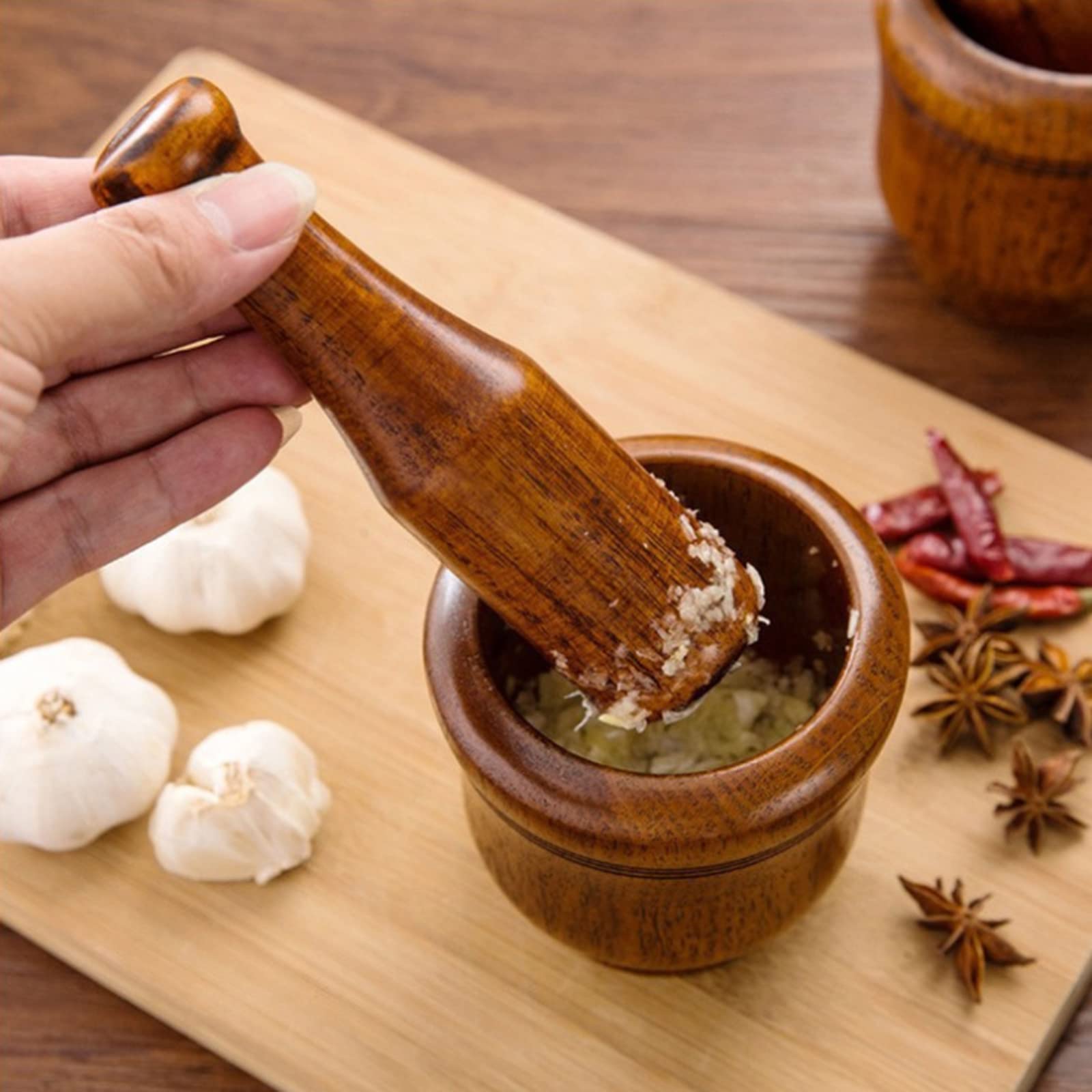 Luvitory Mortar And Pestle Set, Wooden Spice Grinder Manual Garlic Masher Pepper Press Ginger Crusher Herb Spices Grinder Set Ki