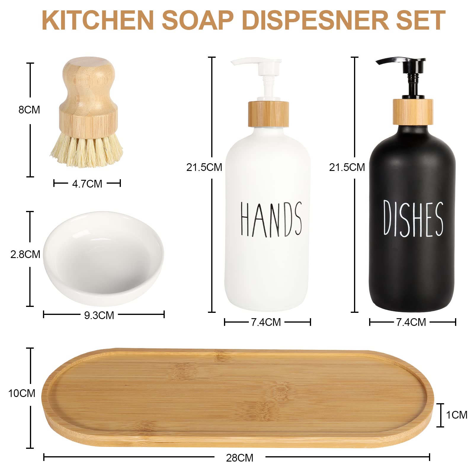 Hand And Dish Soap Dispenser Set, Hand Soap Dispenser For Kitchen, Glass Soap Dispenser With Tray And Bamboo Dish Brush, Kitchen