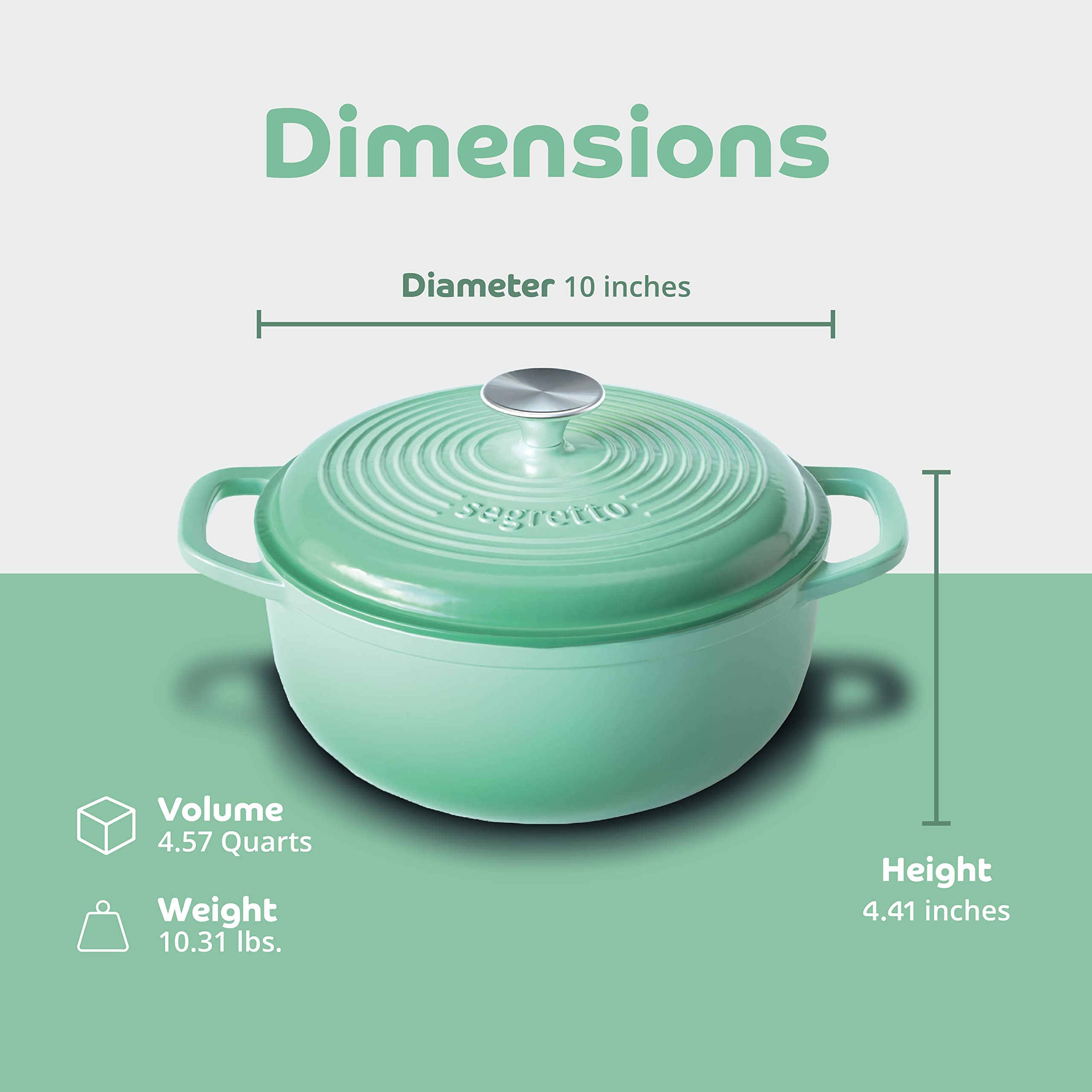 Segretto Cookware Enameled Cast Iron Dutch Oven With Handle, 4.57 Quarts, Verde Chiaro (Gradient Green) Oven Safe Dutch Oven Pot