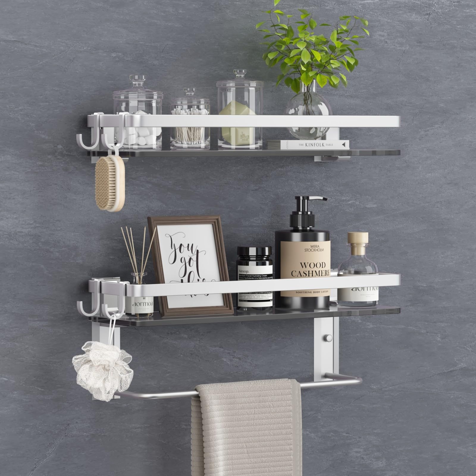 VOLPONE Glass Shelf for Bathroom 15.7 in Bathroom Shelves with Towel Bar Tempered Glass Shelves with 4 Removable Hooks for Wall(