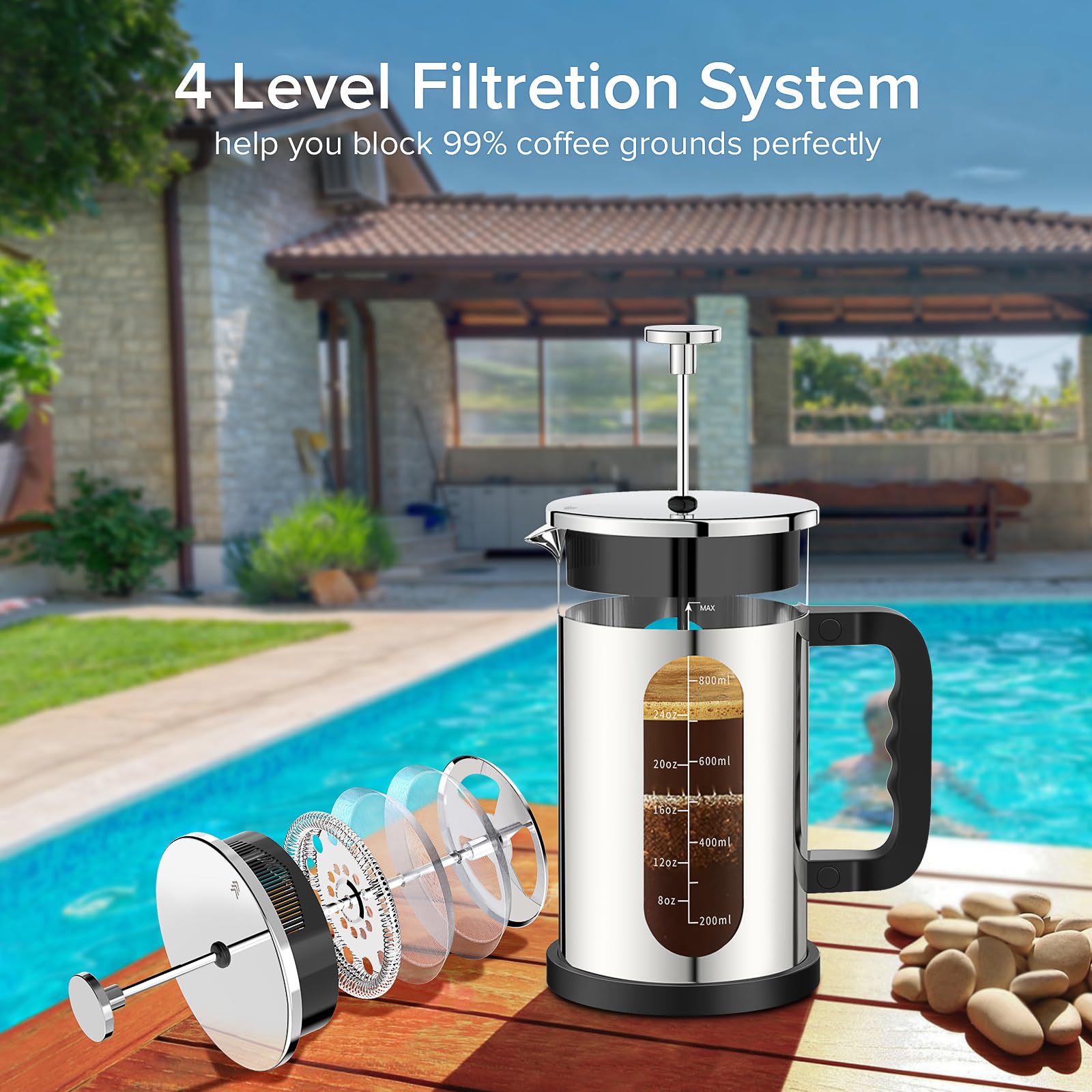 French Press Coffee Maker, 304 Stainless Steel Cold Brew Coffee Maker With 4 Filter, Heat Resistant Borosilicate Glass, Easy To