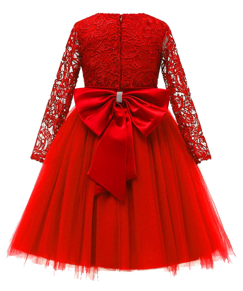 Flower Girl Dress Long Sleeves Lace Top Tulle Skirt Girls Lace Party Dresses (Size 4,Red)