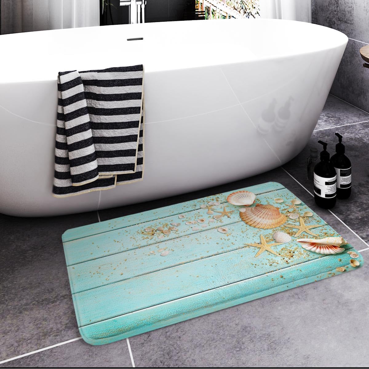 Britimes Bath Mat For Bathroom, Bathroom Mats Rugs No Silp, Beach Shell Sea Collection Vintage Boho Washable Cover Floor Rug Car