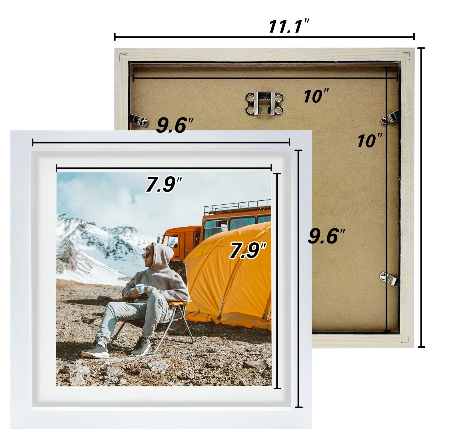LEKAIYA 10x10 White Picture Frames Set of 2, Square Solid Wood Frame to Display 8x8 Picture with Mat or 10x10 Without Mat for Ta