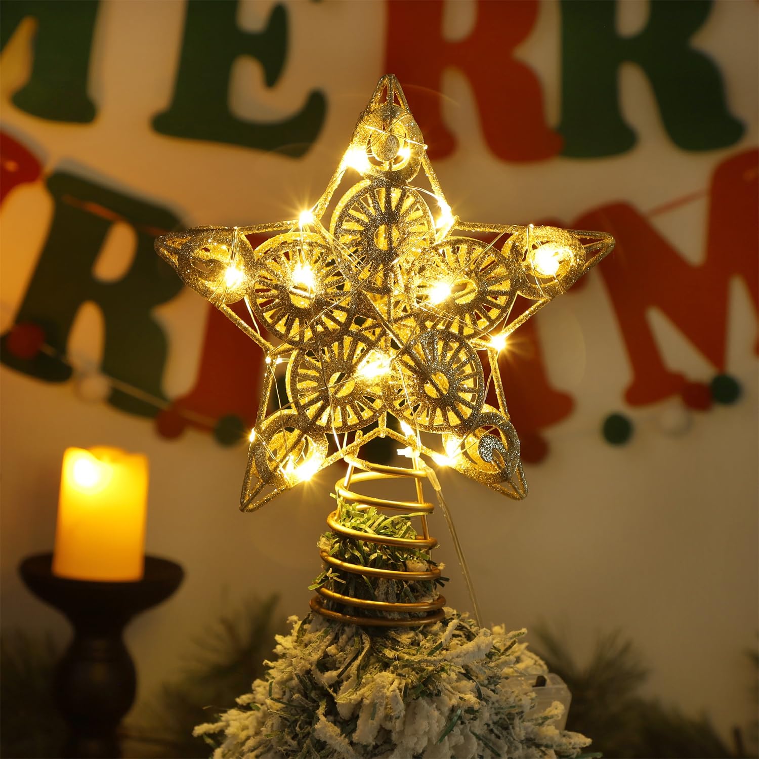 Juegoal Star Tree Topper - Golden Lighted Treetop Ornament with 20 LED Lights, 6.5 x 6.5 Inches, Battery Powered Christmas Decor