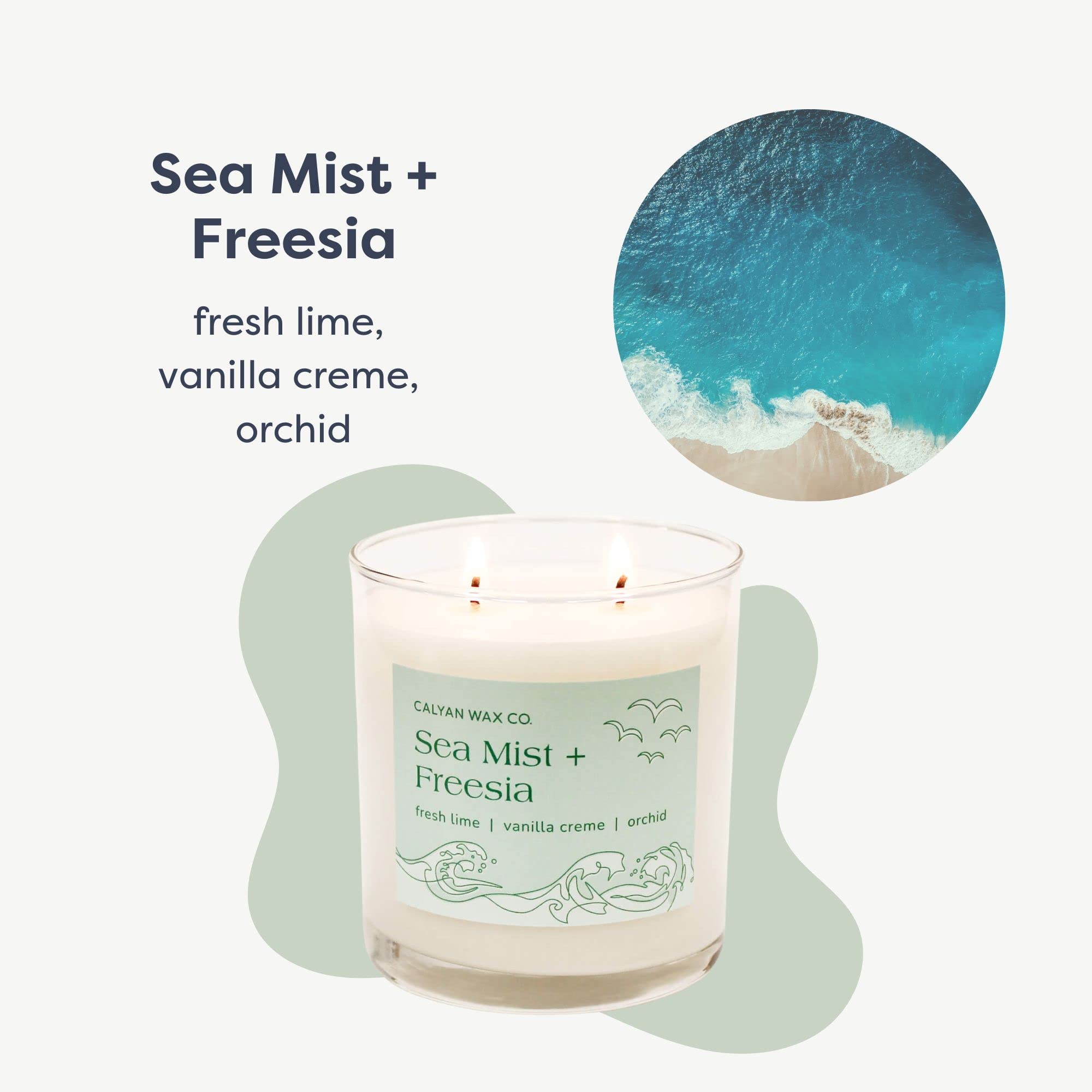 Calyan Wax Scented Candle, Sea Mist Freesia Candle for The Home Scented with Essential Oils, Soy Wax Aromatherapy Candle in Glas