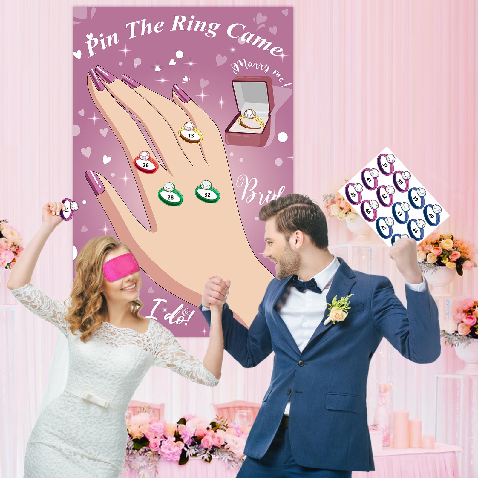 Hxezoc Pin The Ring On The Bride Game With 48 Pcs Rings, Large Bridal Party Games Poster For Bachelorette Party, Bridal Shower,